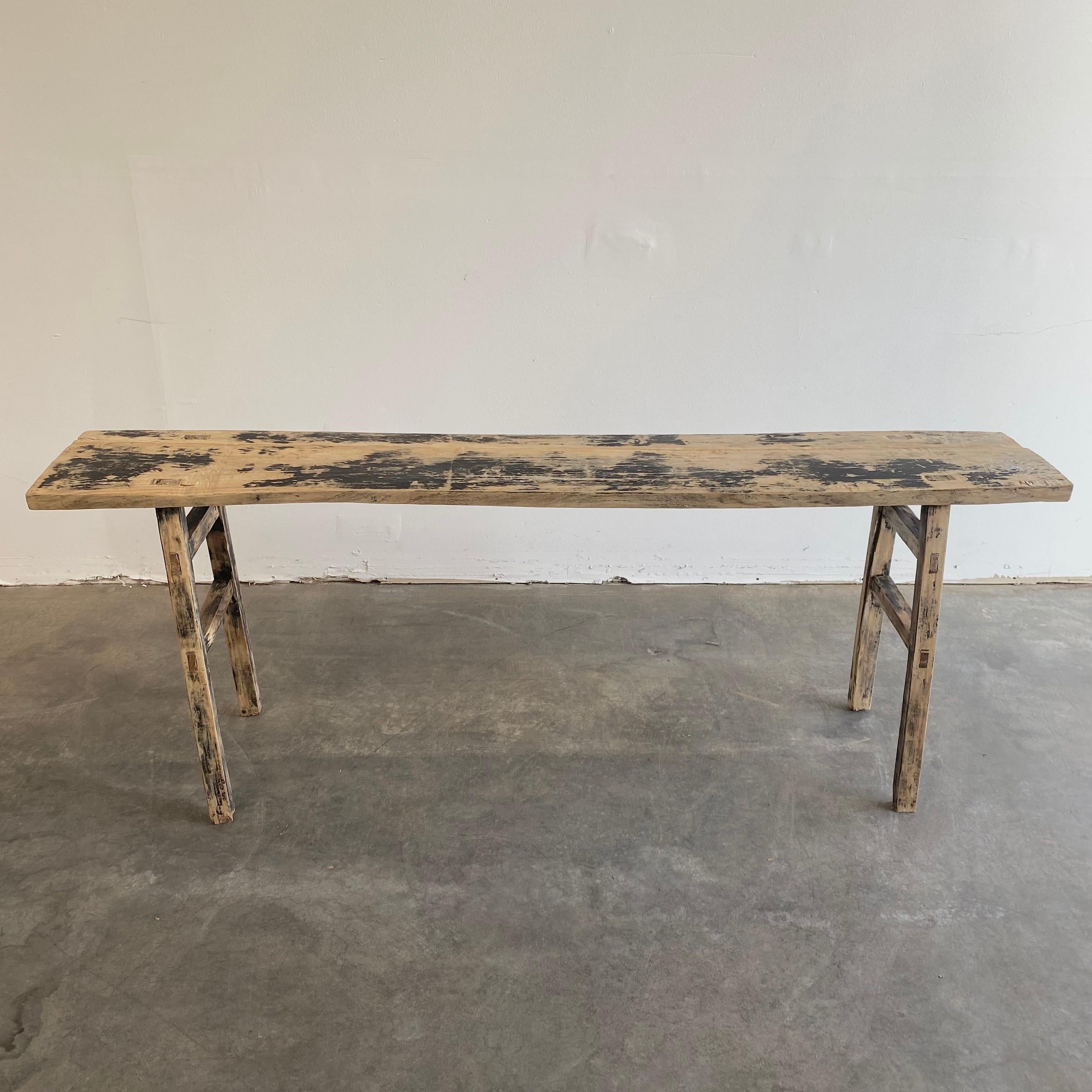 Vintage antique elm wood console table
Made from Vintage reclaimed elm wood. Beautiful antique patina, with weathering and age, these are solid and sturdy ready for daily use, use as a entry table, sofa table or console in a dining room. Great in a