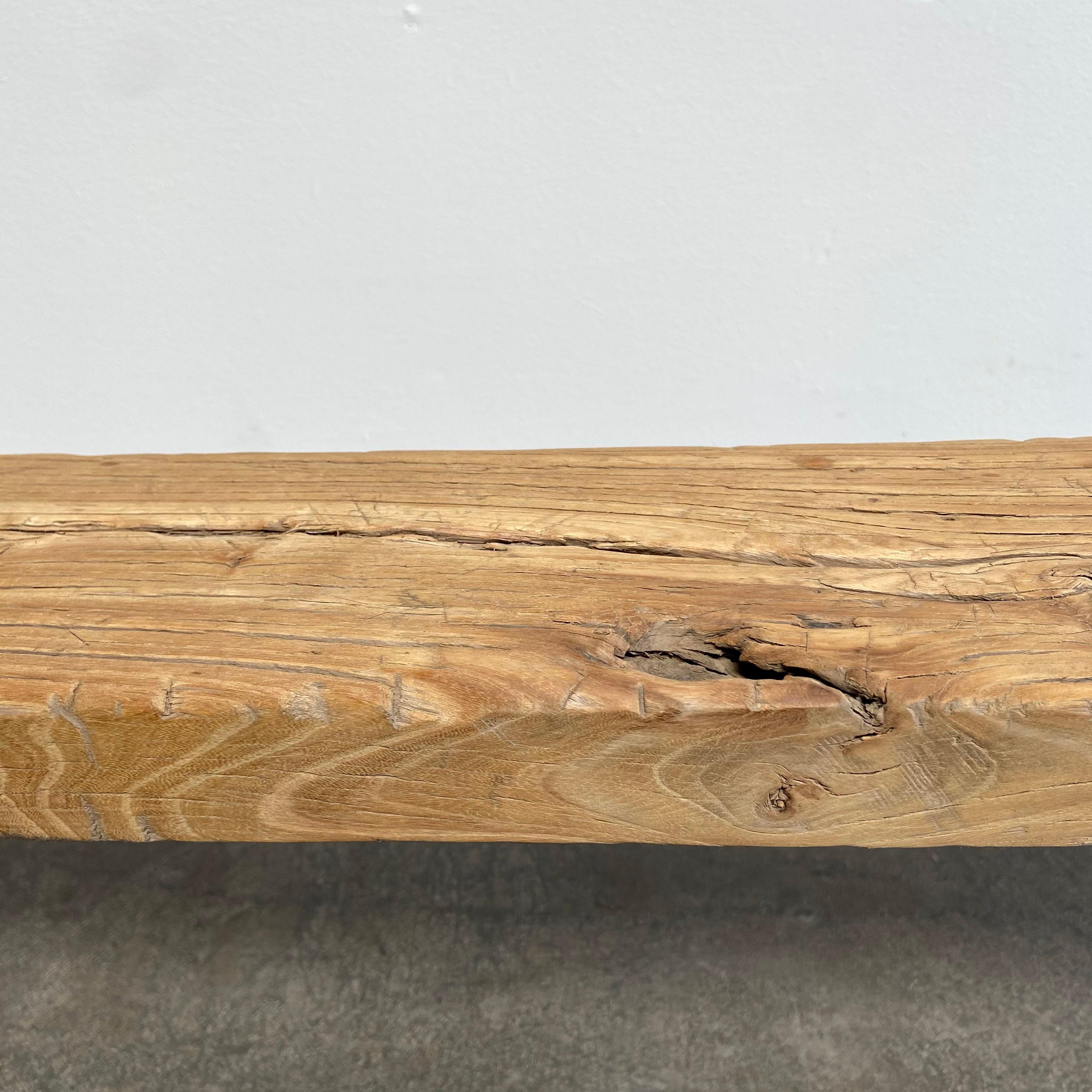 Vintage Antique Elm Wood Long Narrow Bench In Good Condition In Brea, CA