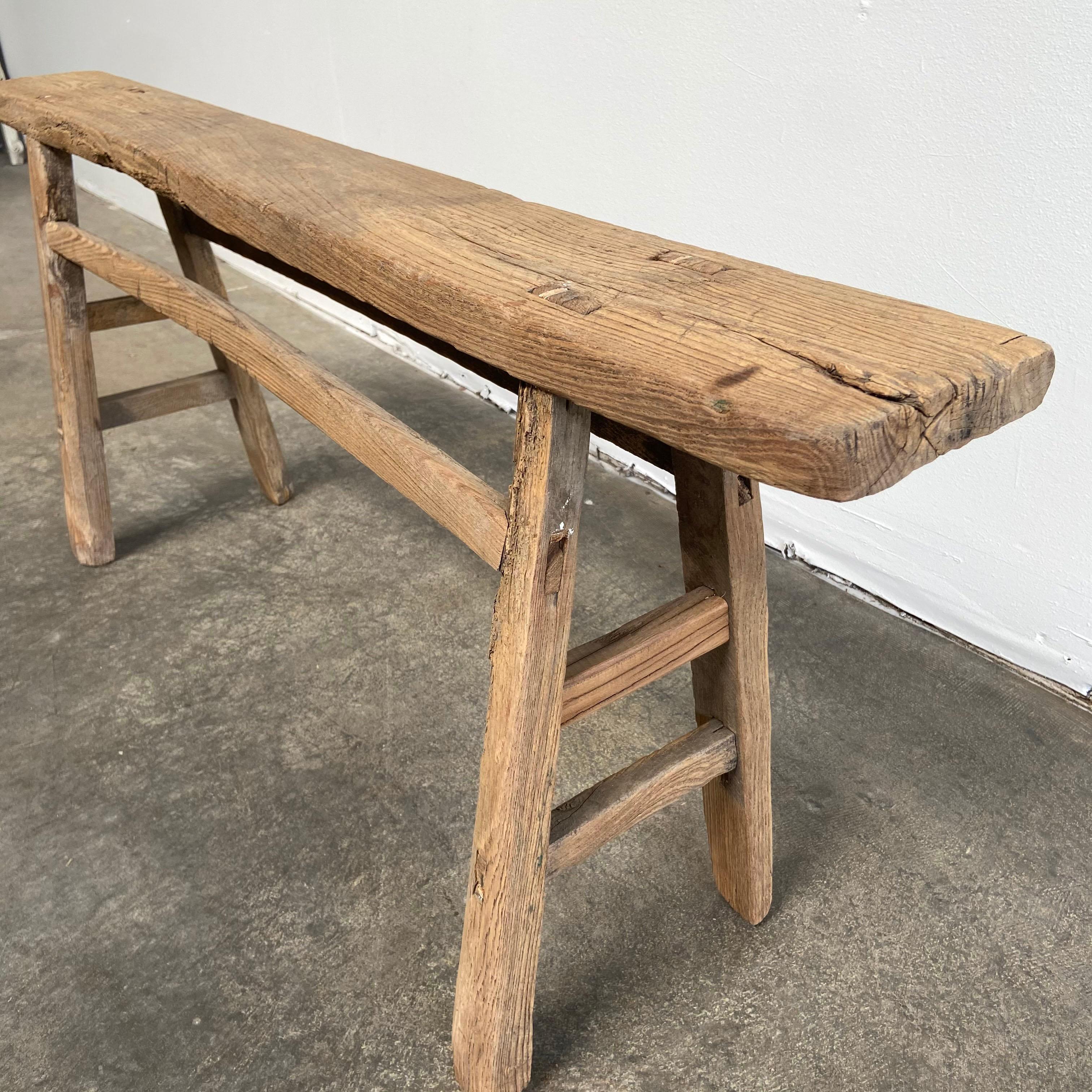 20th Century Vintage Antique Elm Wood Narrow or Skinny Bench