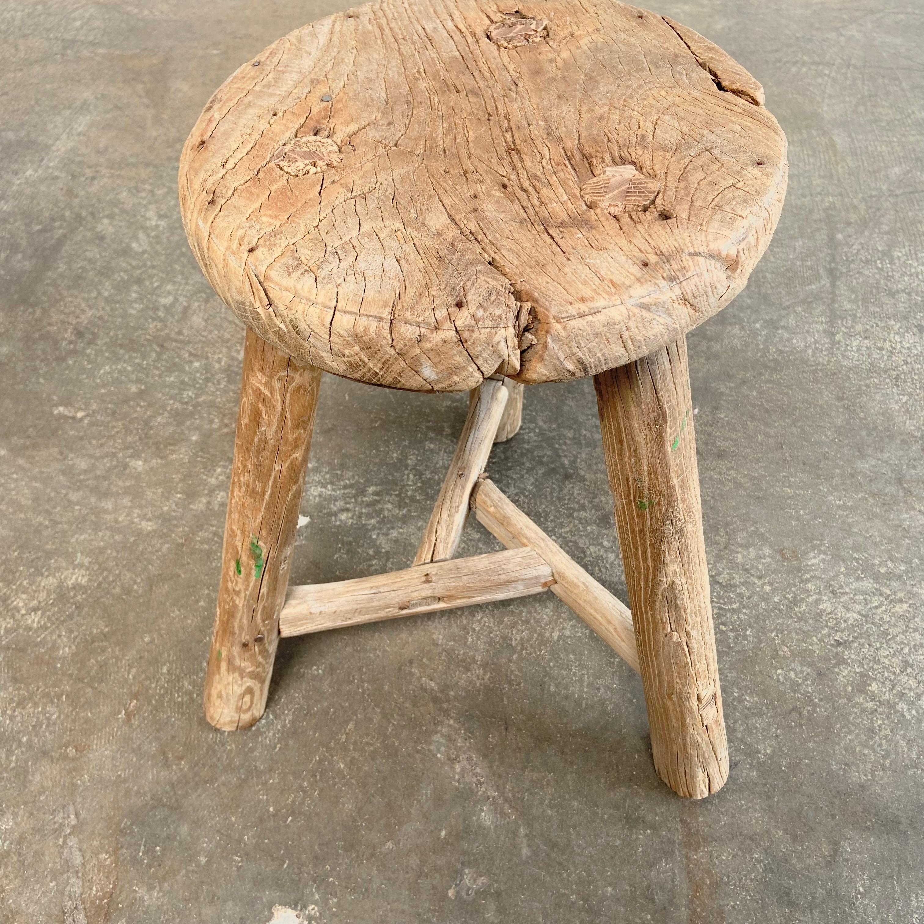 Hand-Carved Vintage Antique Elm Wood Round Stool or Side Table