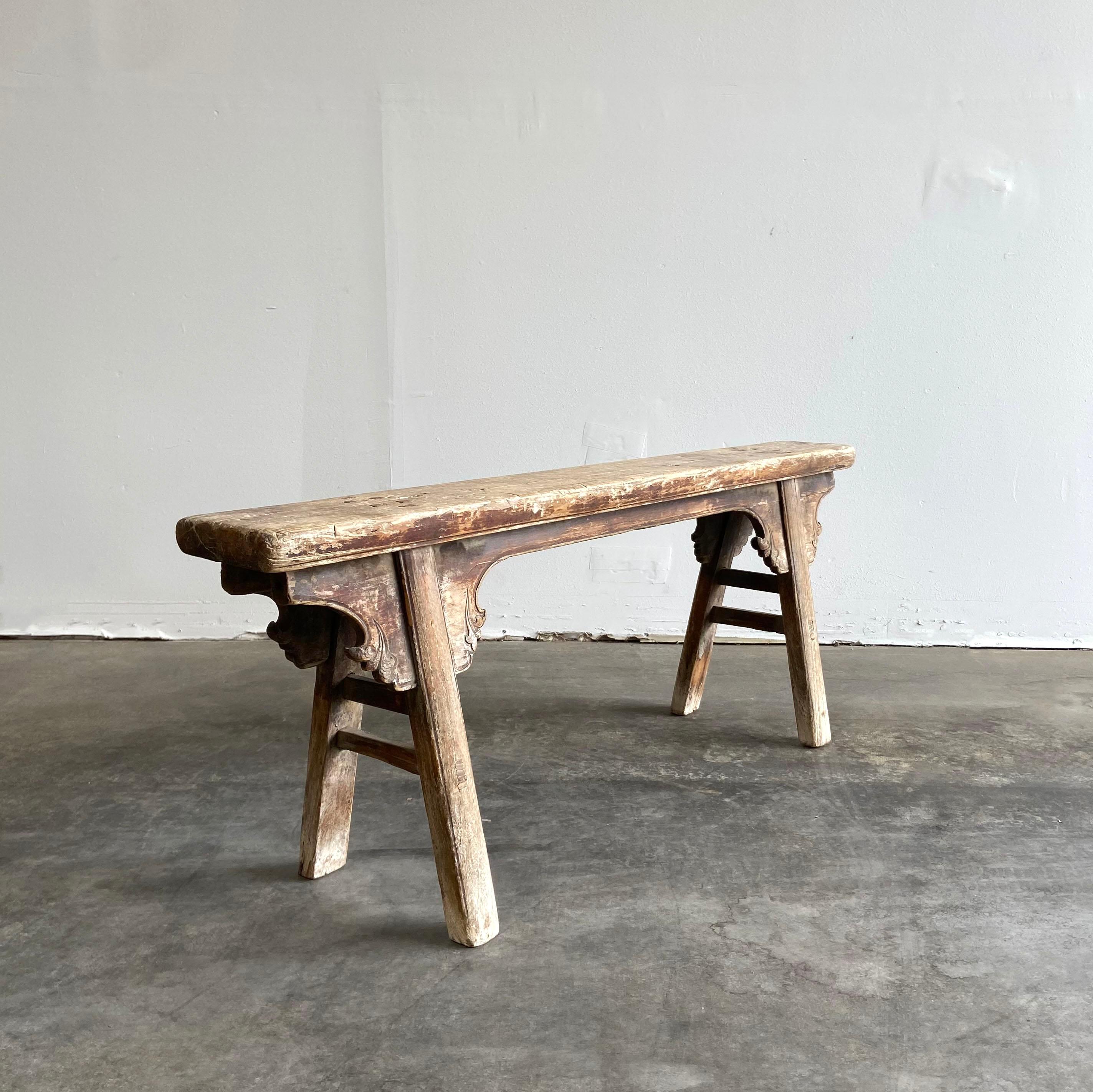 Vintage Antique Elm Wood Skinny Bench In Good Condition In Brea, CA