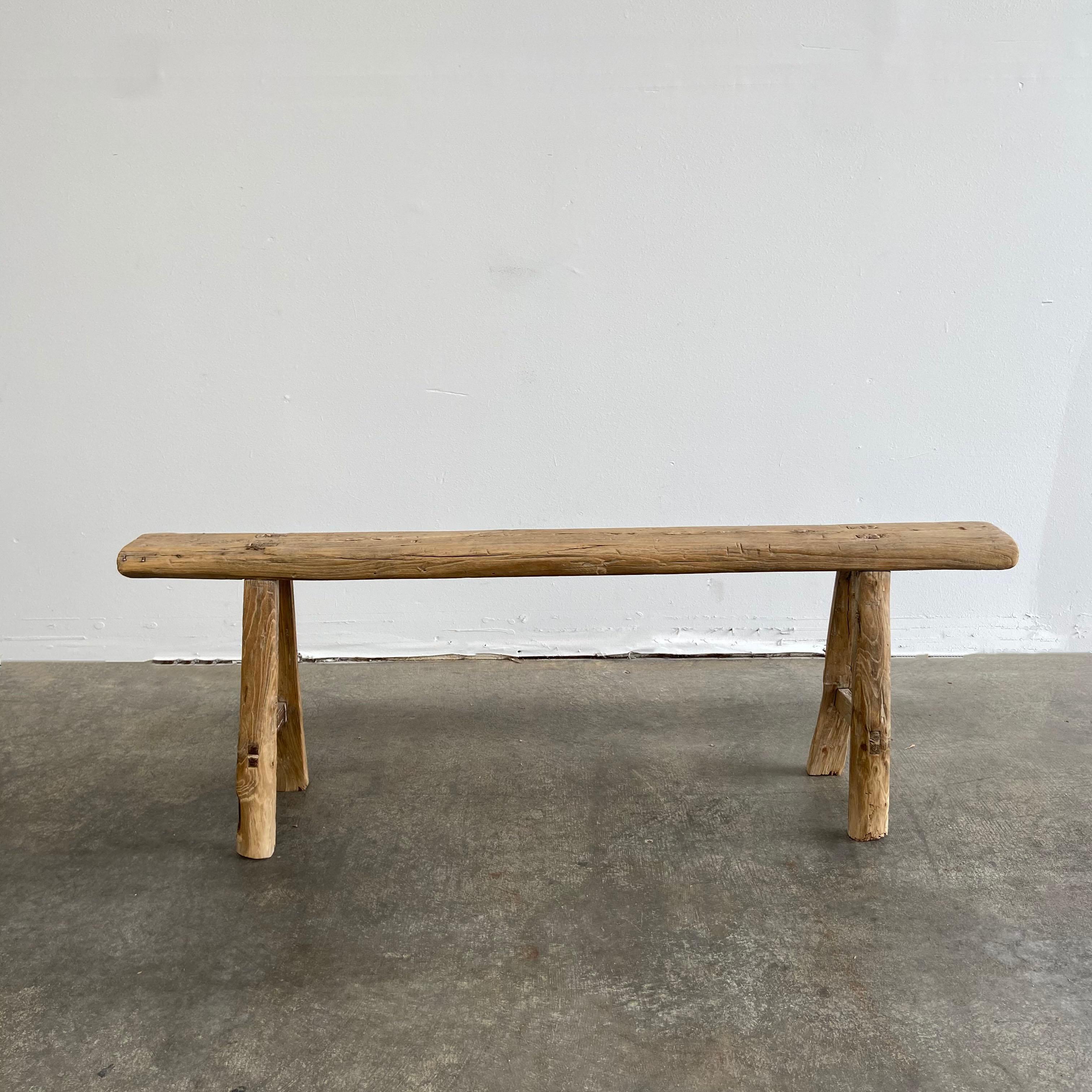 Vintage Antique Elm Wood Skinny Bench In Good Condition In Brea, CA