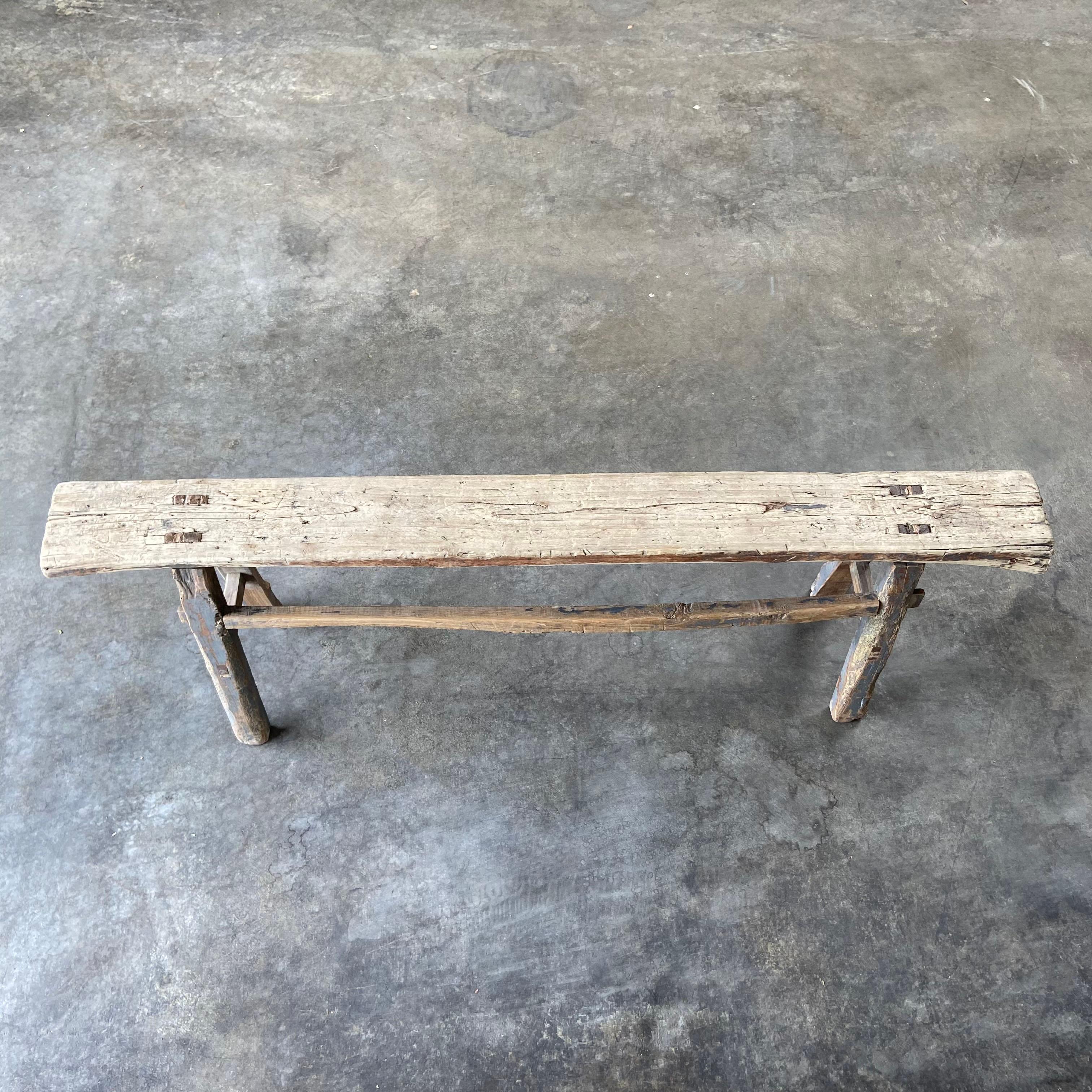 Vintage Antique Elm Wood Skinny Bench 1