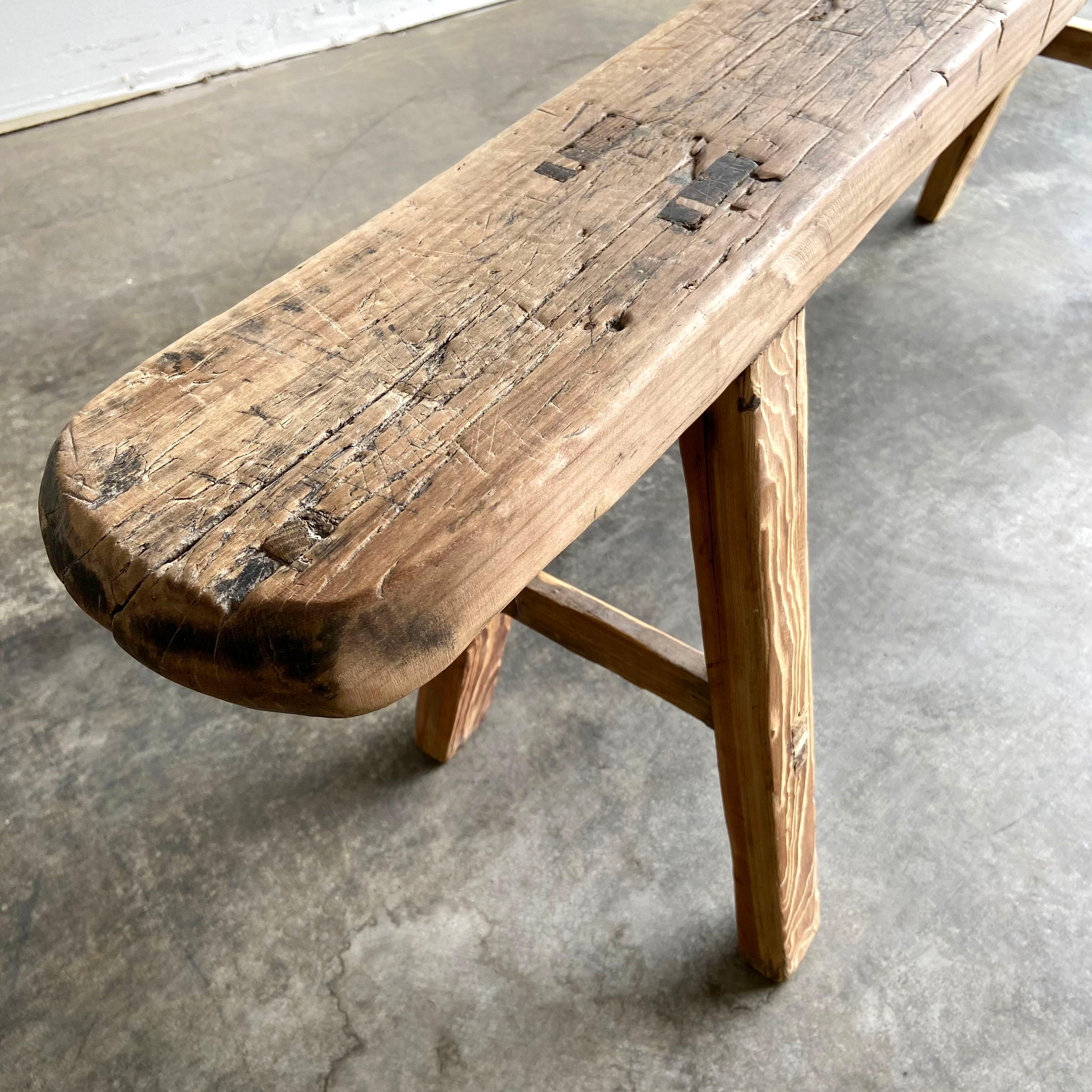 Vintage Antique Elm Wood Skinny Bench In Good Condition In Brea, CA