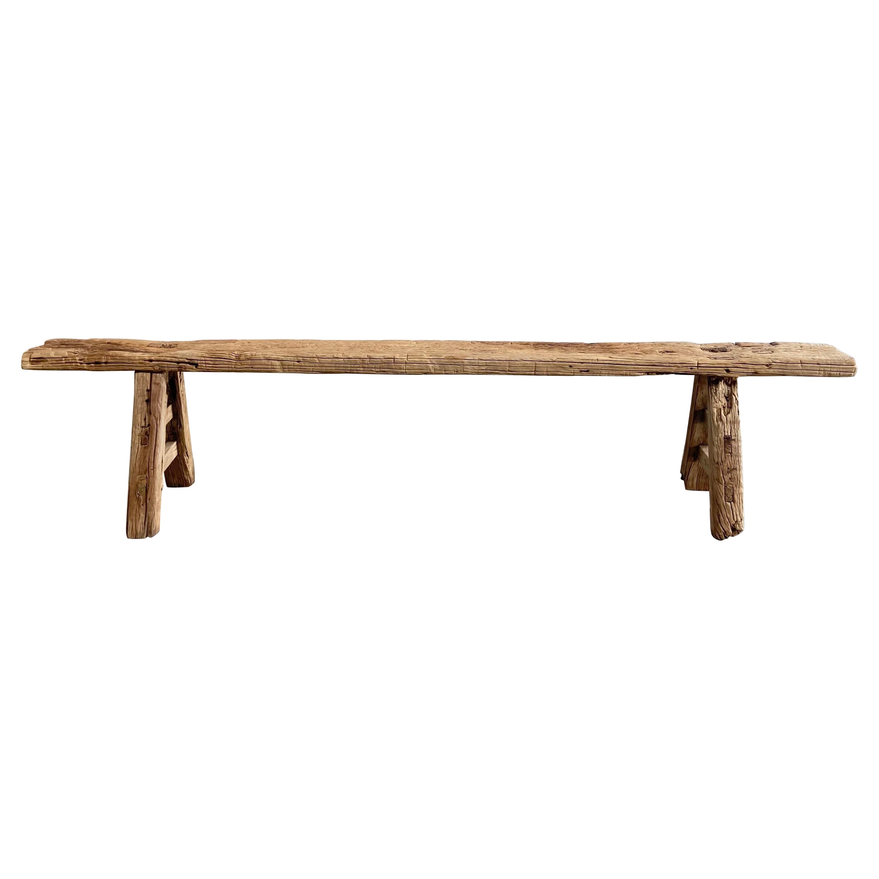 Vintage Antique Elm Wood Skinny Bench