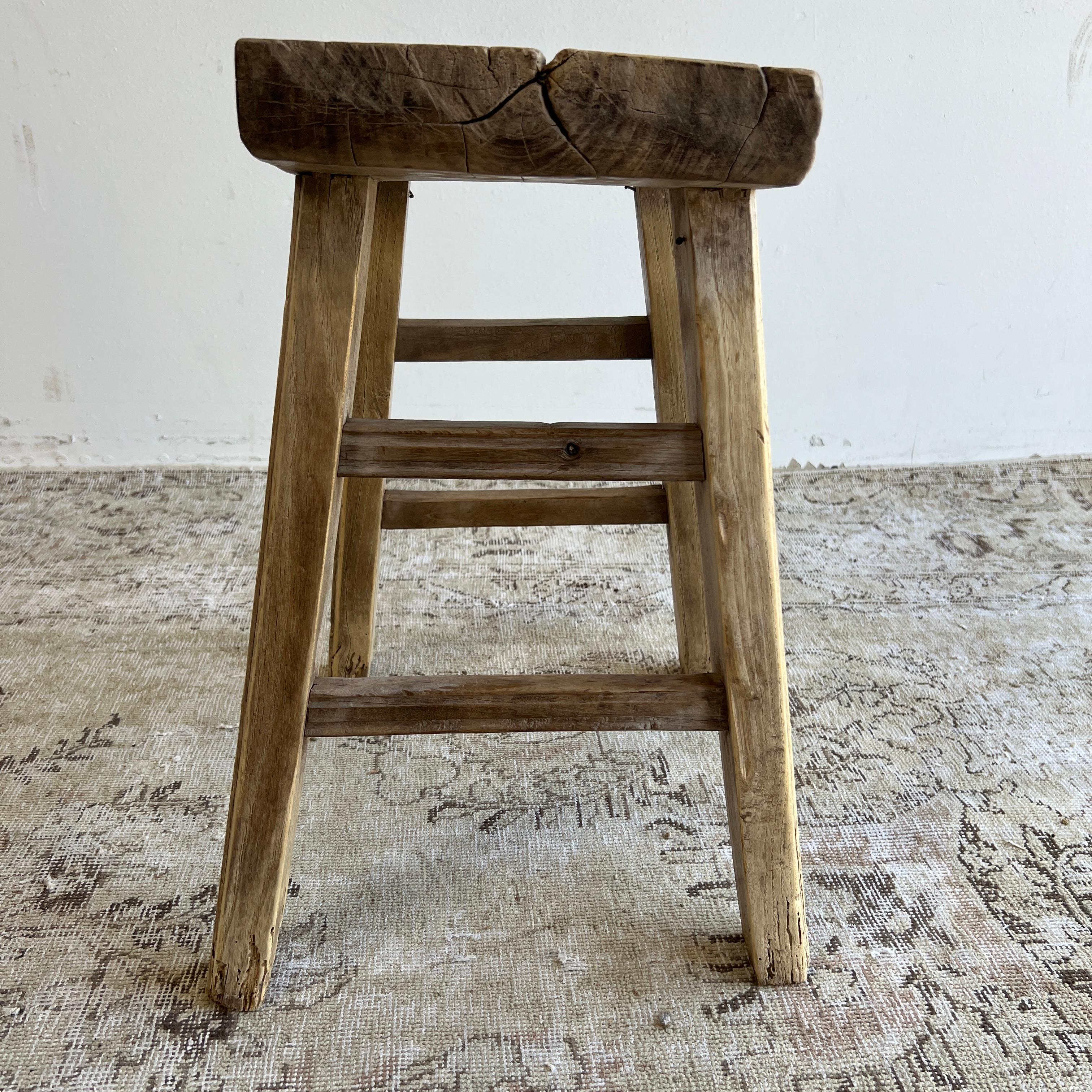 Vintage Antique Elmwood Stool with Curved Seat In Good Condition For Sale In Brea, CA