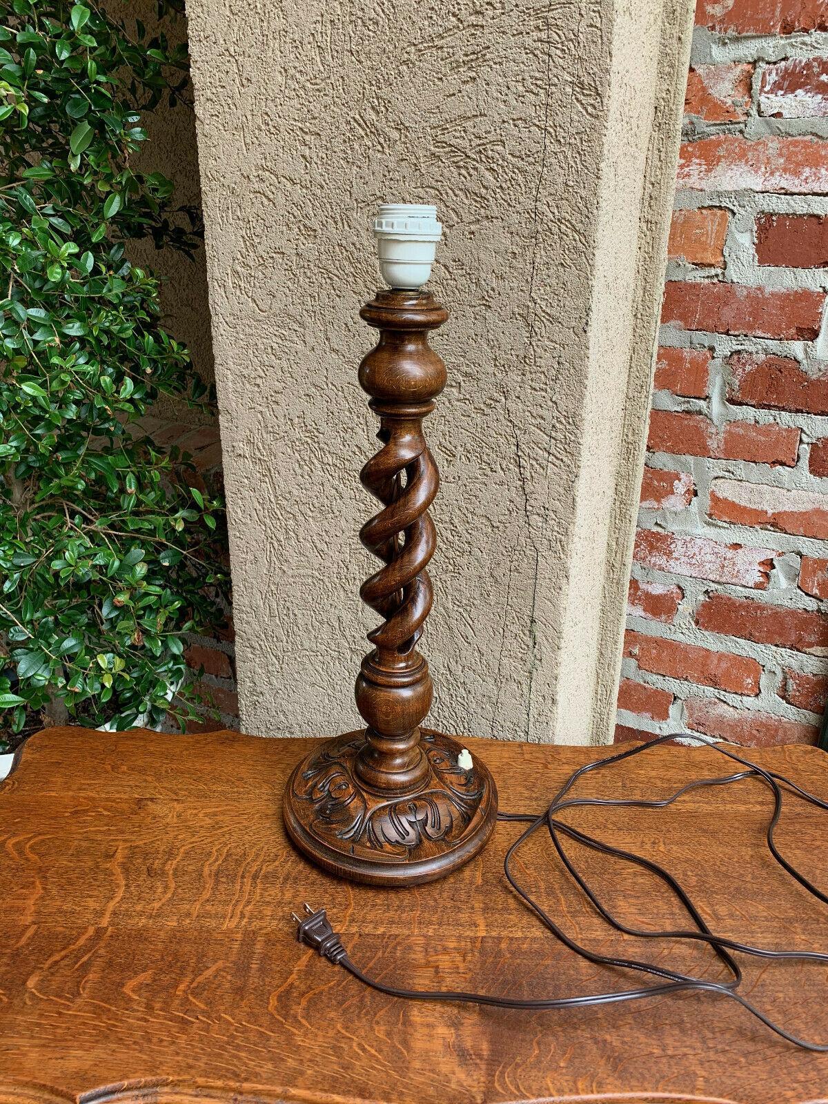 Vintage Antique English Carved Wood Open Barley Twist Desk Table Lamp Light 2