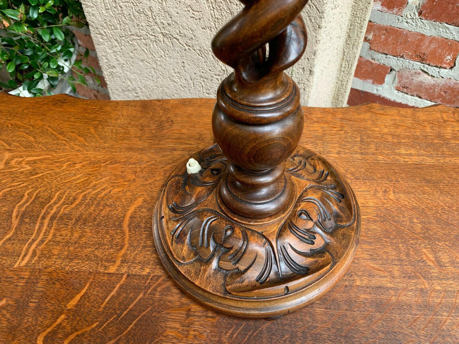 British Vintage Antique English Carved Wood Open Barley Twist Desk Table Lamp Light