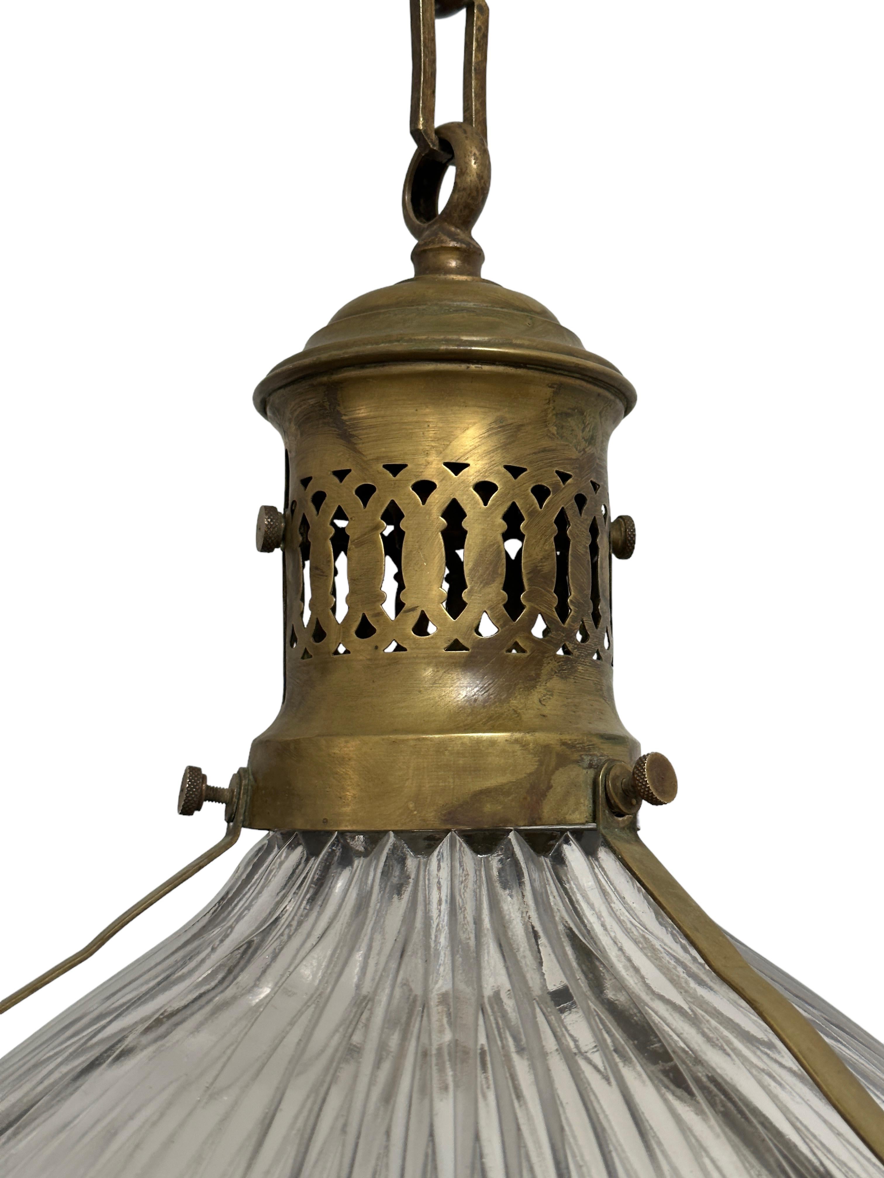 Brass Vintage Antique French Caged Holophane Glass Ceiling Pendant Light Lamp Stiletto