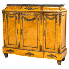 Vintage Antique French Empire Revival Style Burlwood and Marble Buffet Cabinet