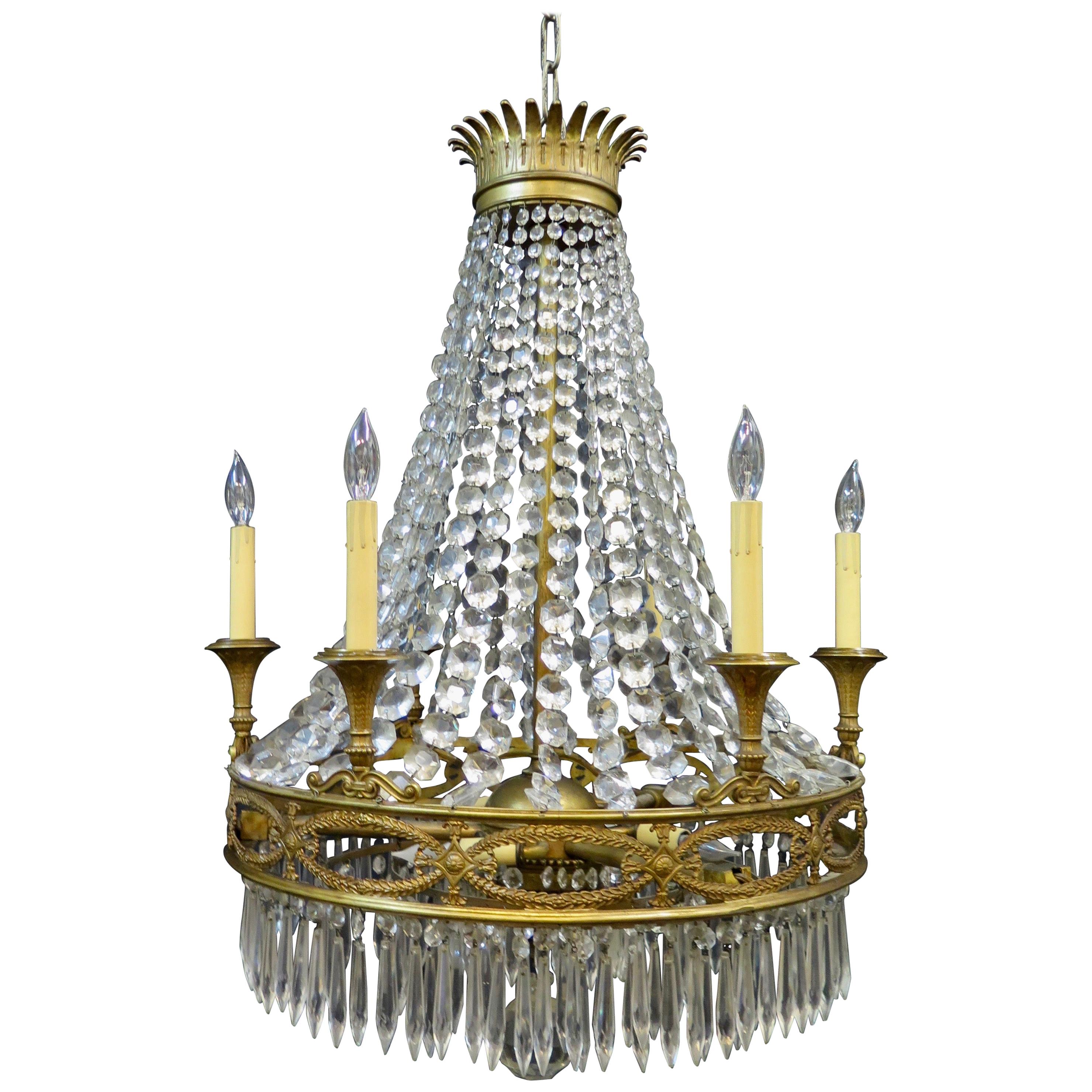 Vintage Antique French Gilt Bronze and Crystal Chandelier For Sale