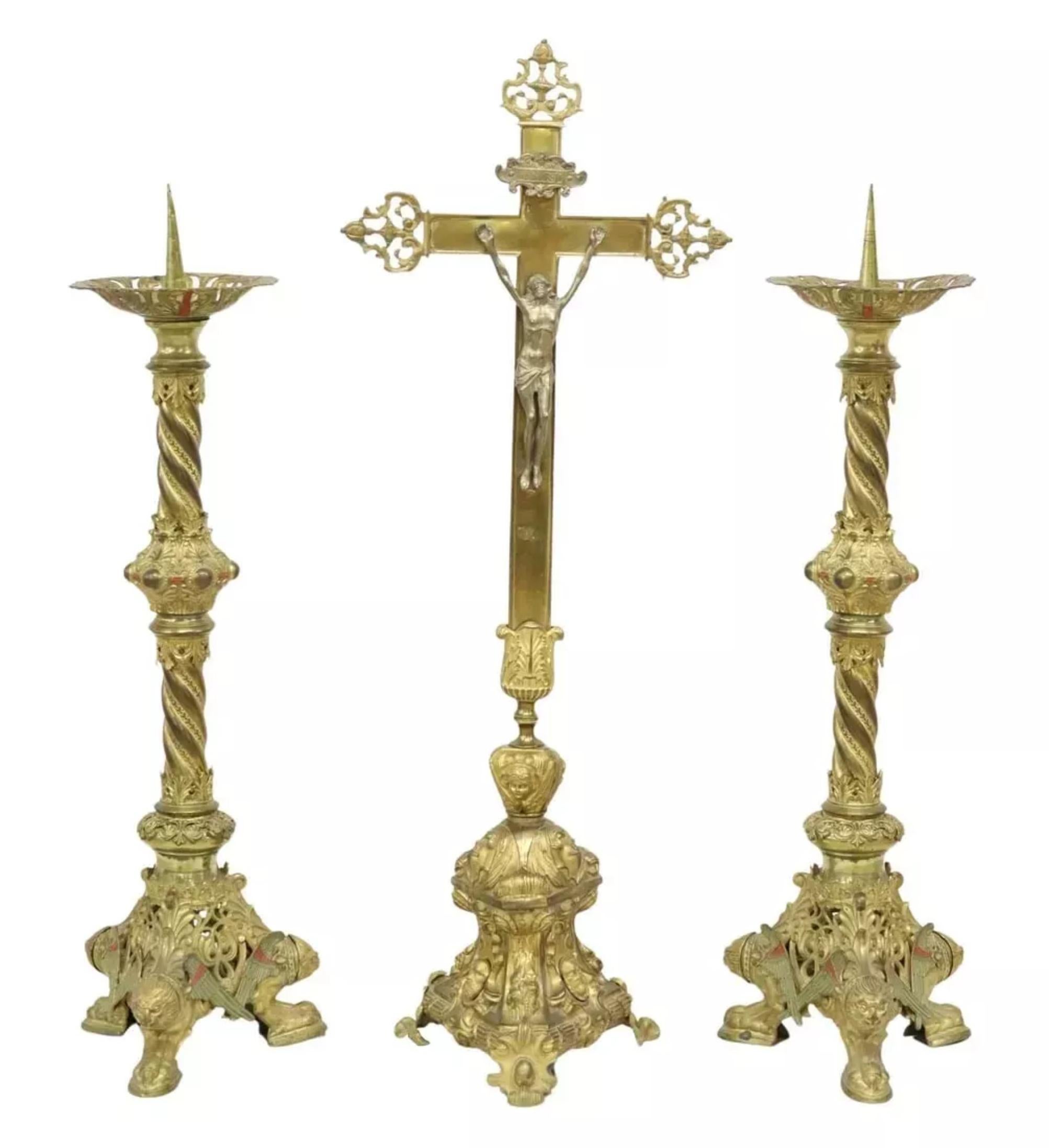 20th Century Vintage / Antique Gilt Metal, Altar Crucifix & Candle Pricket, Set of 3!! For Sale