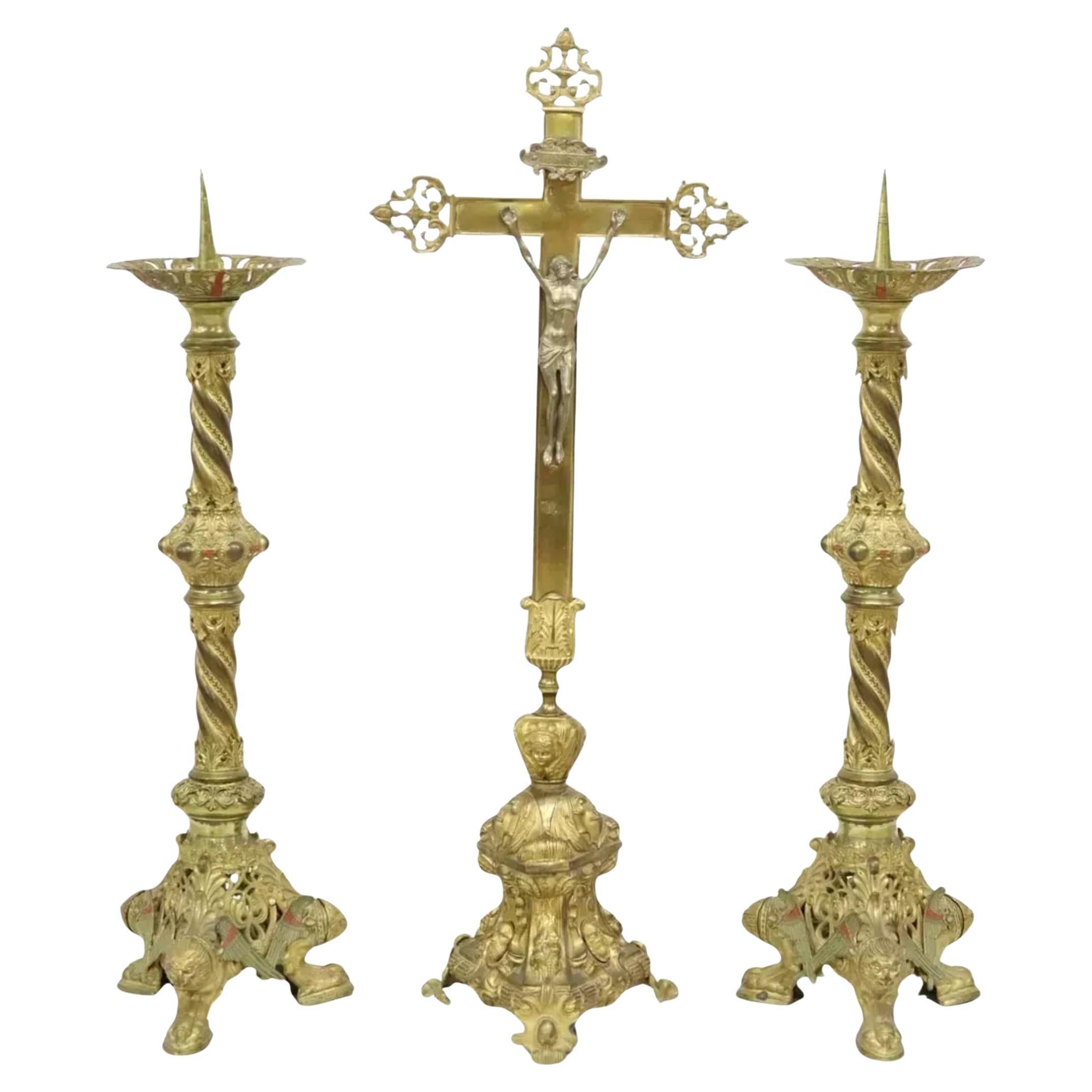 Vintage / Antique Gilt Metal, Altar Crucifix & Candle Pricket, Set of 3!!