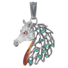 Vintage Antique Horse Face Emerald and Ruby Pendant 925 Sterling Silver