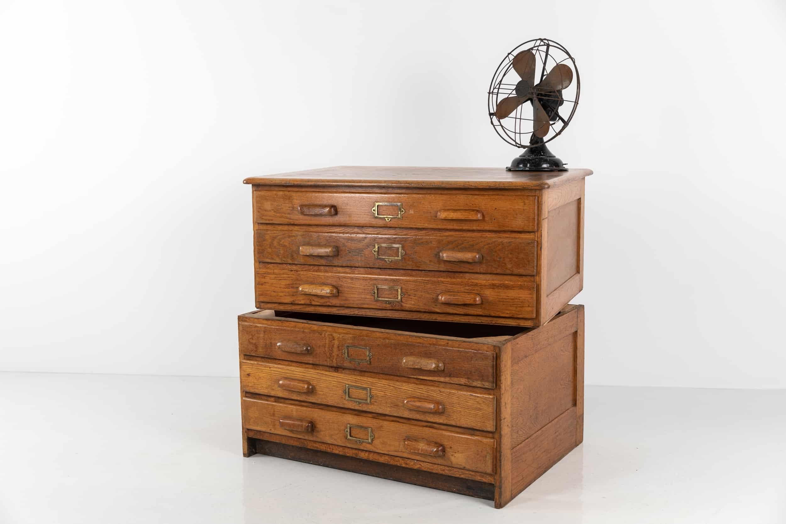Vintage Antique Industrial Architects Oak Plan Chest of Drawer, C.1940 4