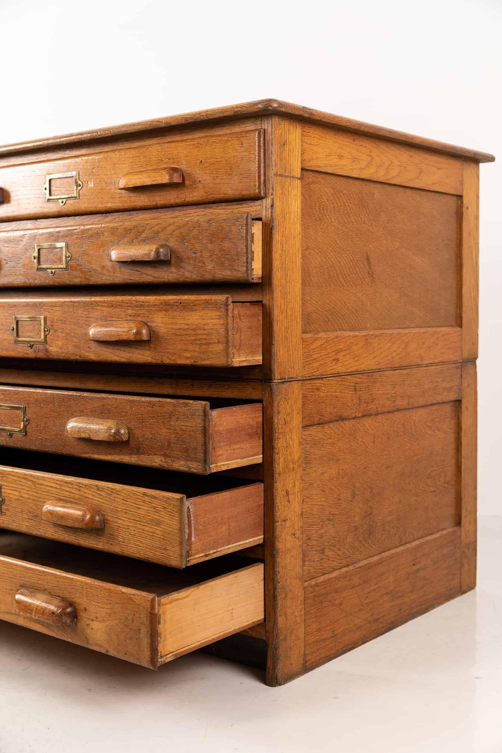 English Vintage Antique Industrial Architects Oak Plan Chest of Drawer, C.1940