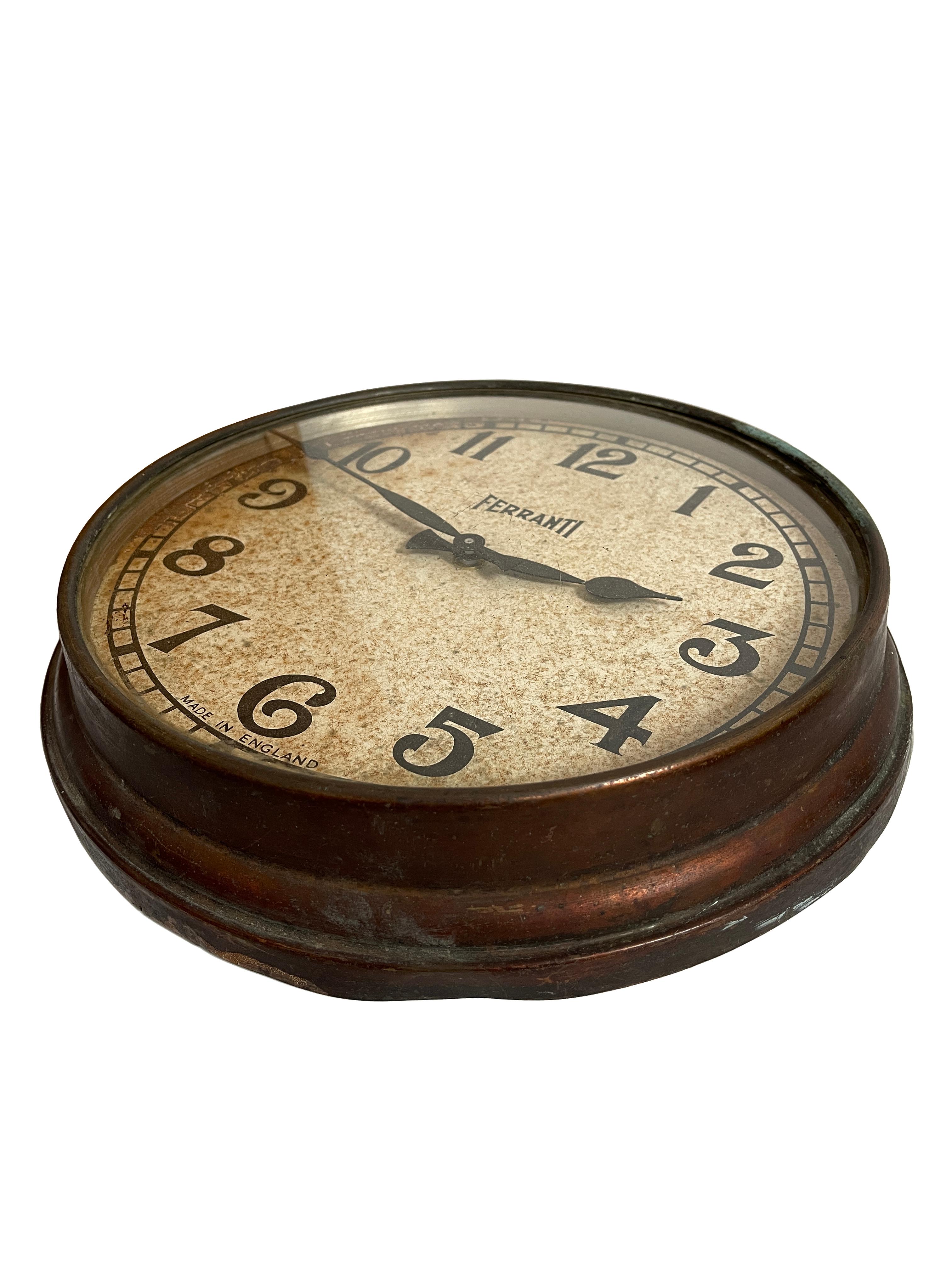 Vintage Antique Industrial Copper Ferranti Factory Wall Clock In Good Condition In Sale, GB