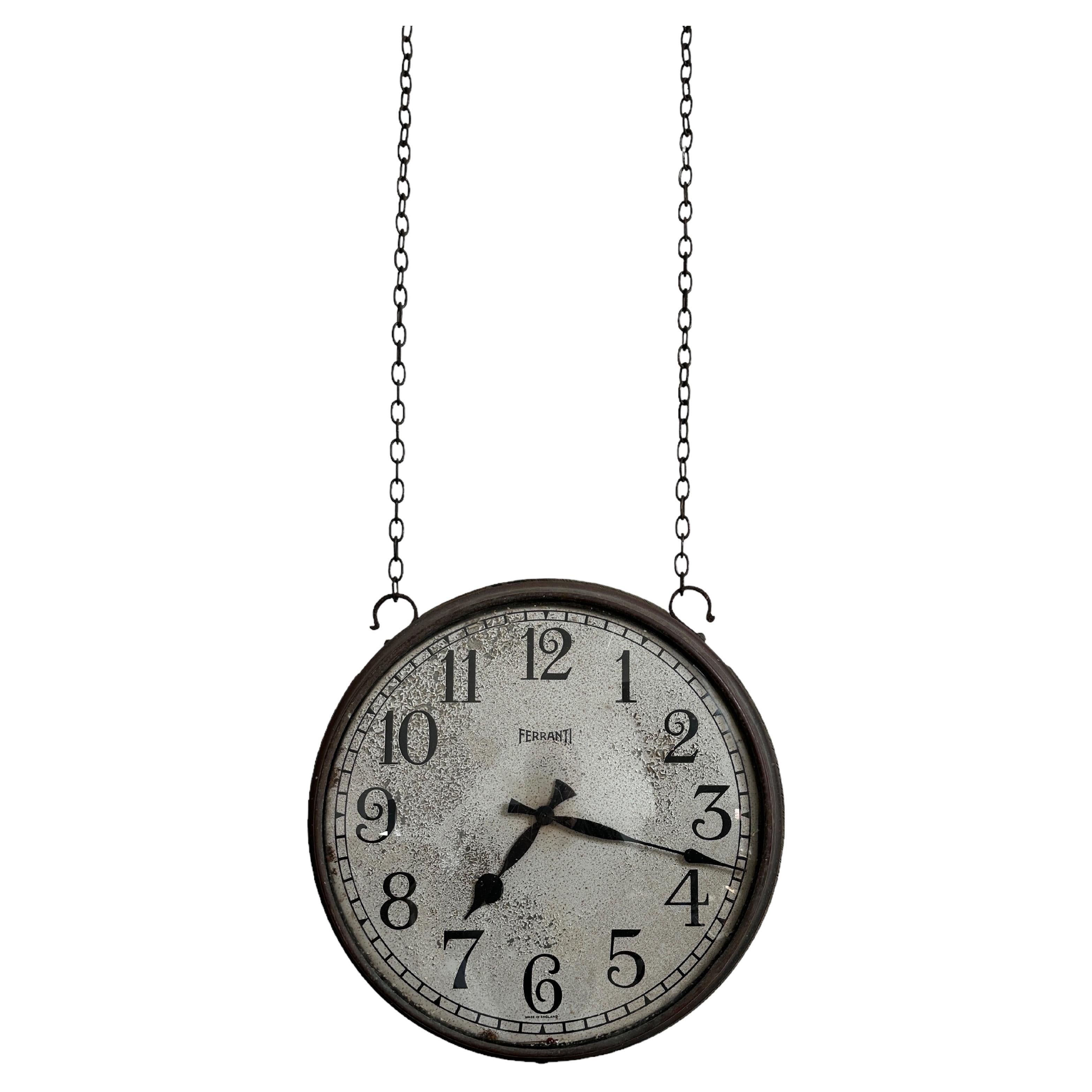 Vintage Antique Industrial Double Sided Copper Ferranti Hanging Factory Clock