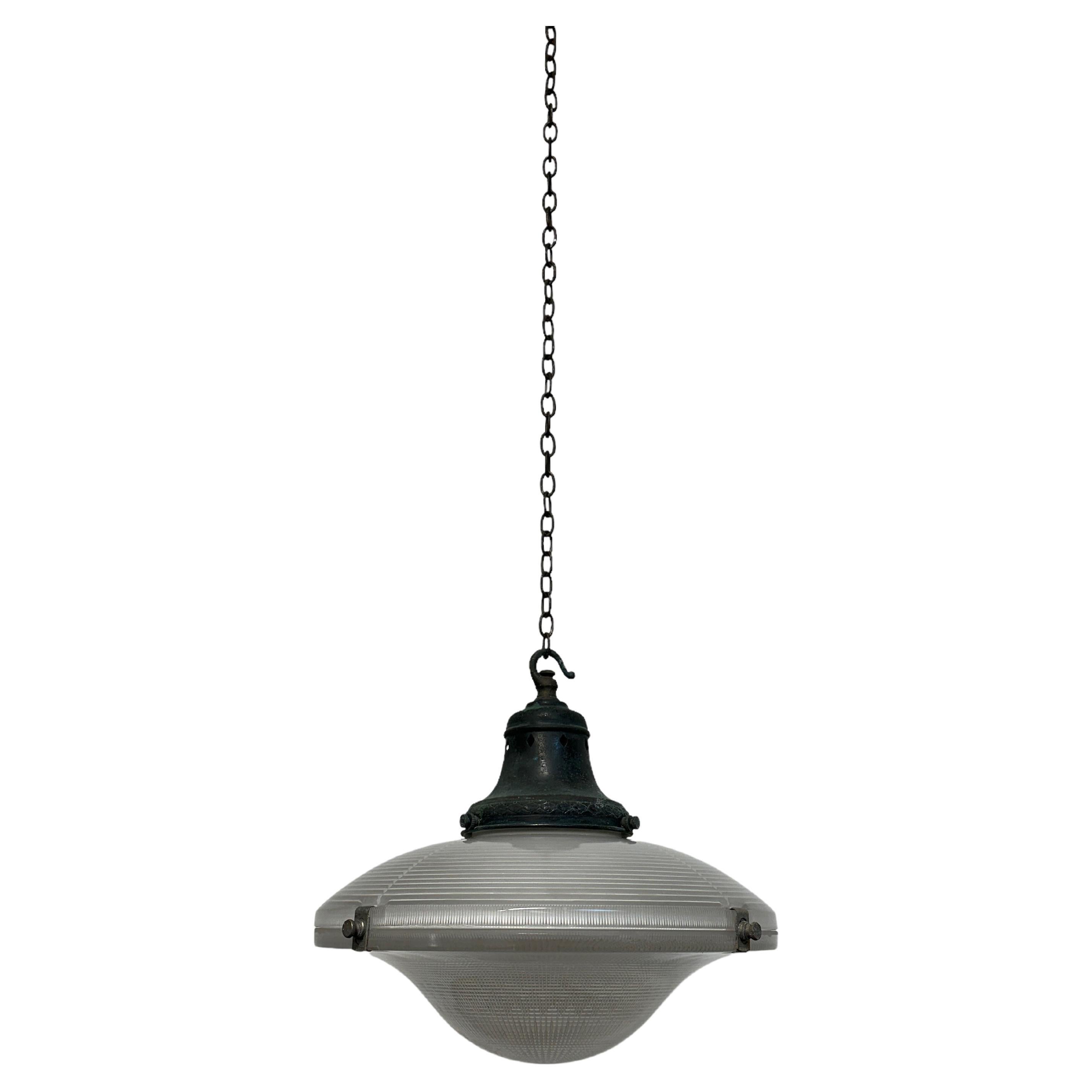Vintage Antique Industrial Holophane Glass Ceiling Pendant Light Lamp