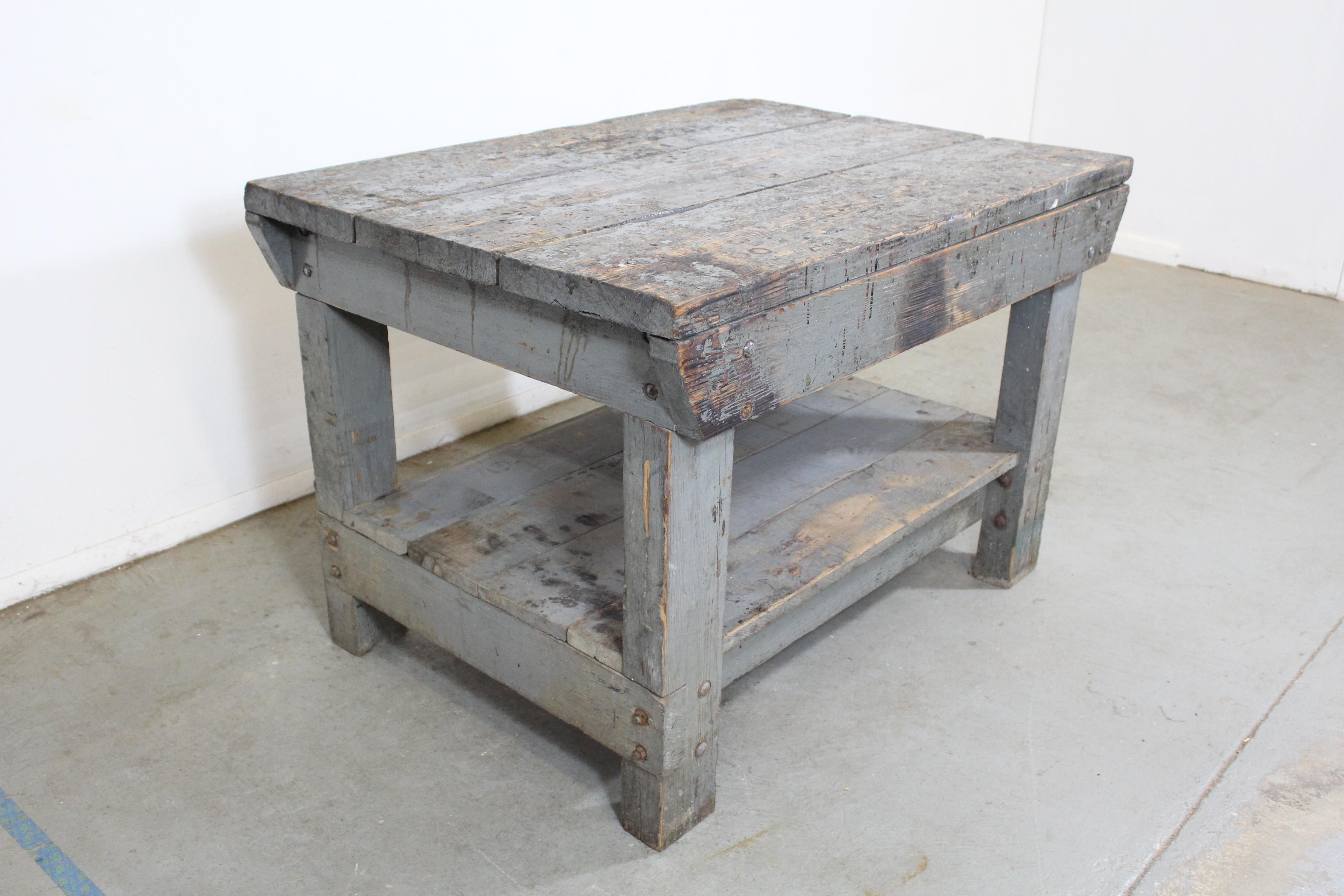 Vintage antique rustic industrial primitive workbench island drawers, 1930s

Offered is vintage/antique industrial/rustic style workbench, circa 1930s. This piece has a rustic look with obvious signs of age wear throughout (stains, chips,