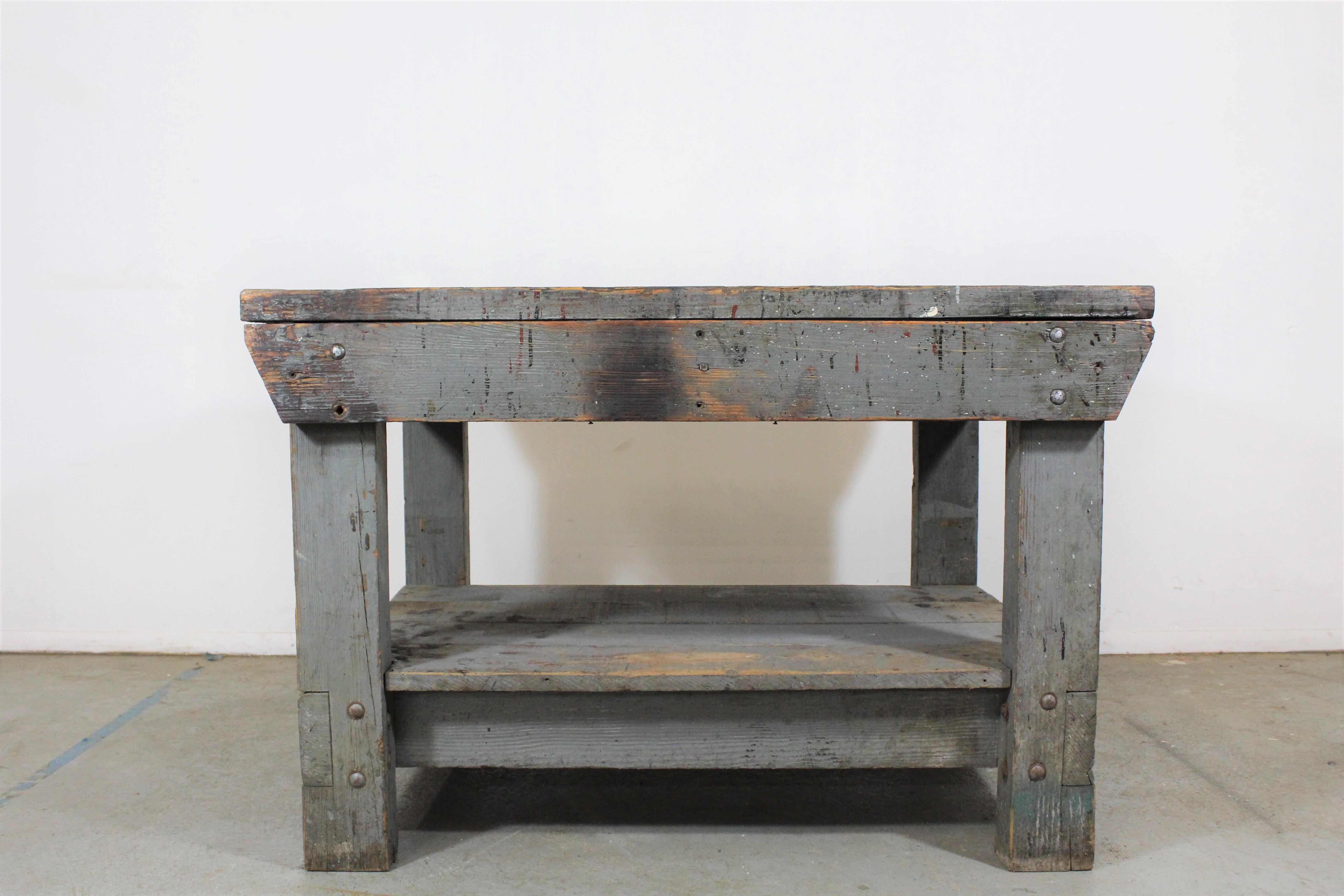 Wood Vintage/Antique Industrial Primitive Workbench Table/Island, circa 1930s