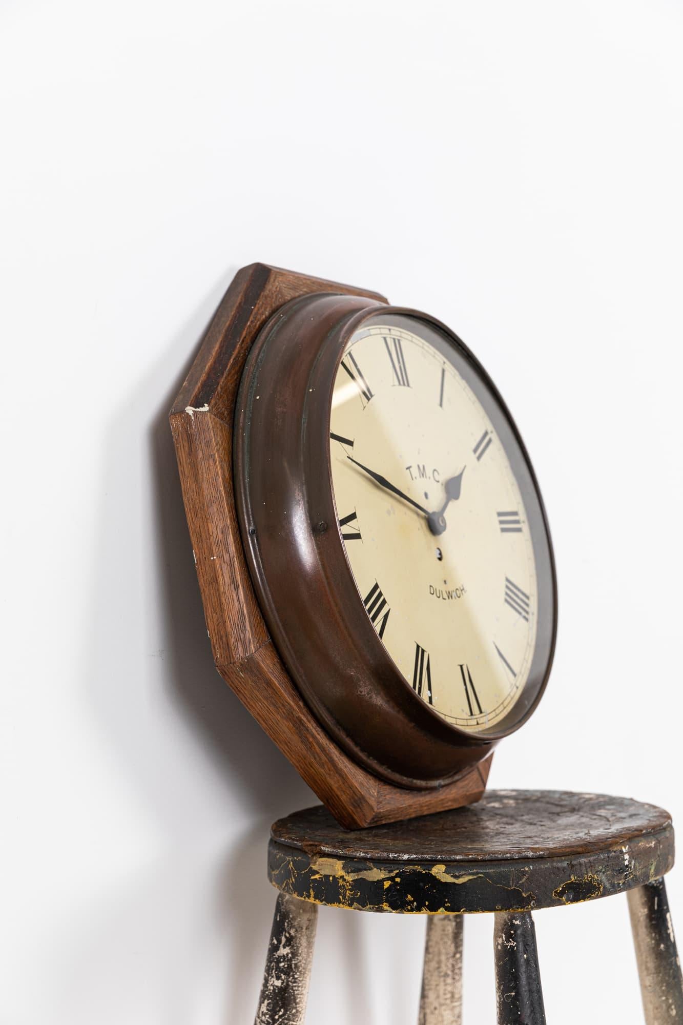 English Vintage Antique Industrial Wooden& Copper T.M.C Wall Clock, c 1930