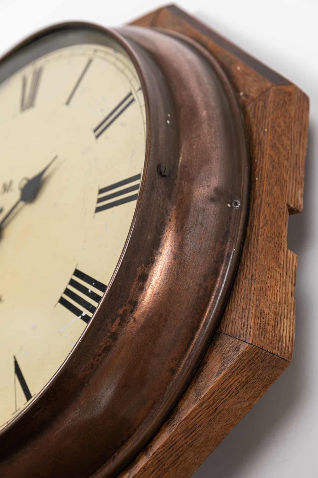 Mid-20th Century Vintage Antique Industrial Wooden& Copper T.M.C Wall Clock, c 1930