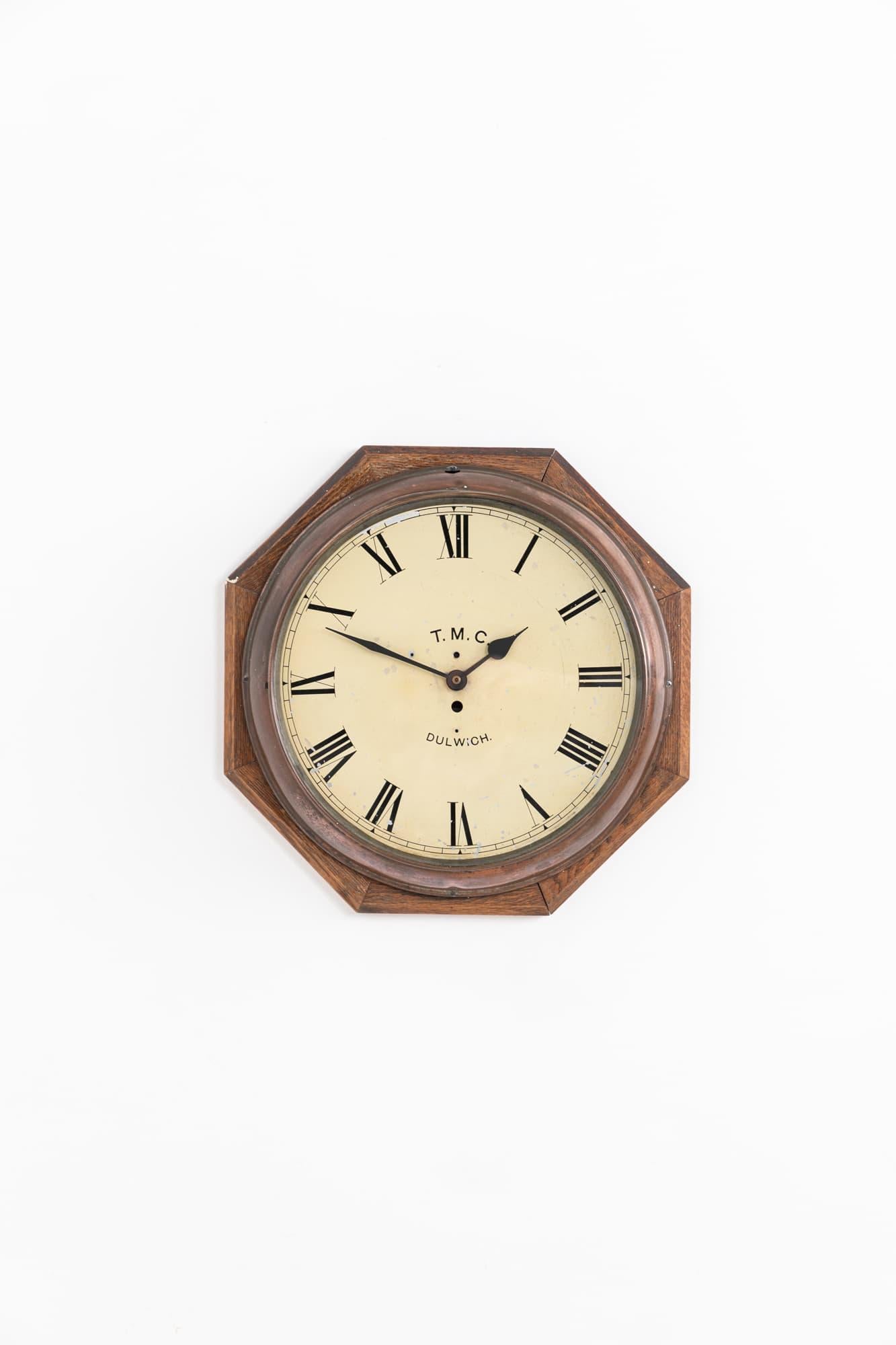 Glass Vintage Antique Industrial Wooden& Copper T.M.C Wall Clock, c 1930