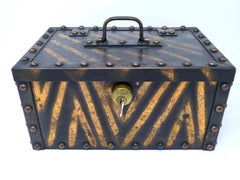 Vintage Antique Japanned Finish Copper Lock Box Personal Safe With Key