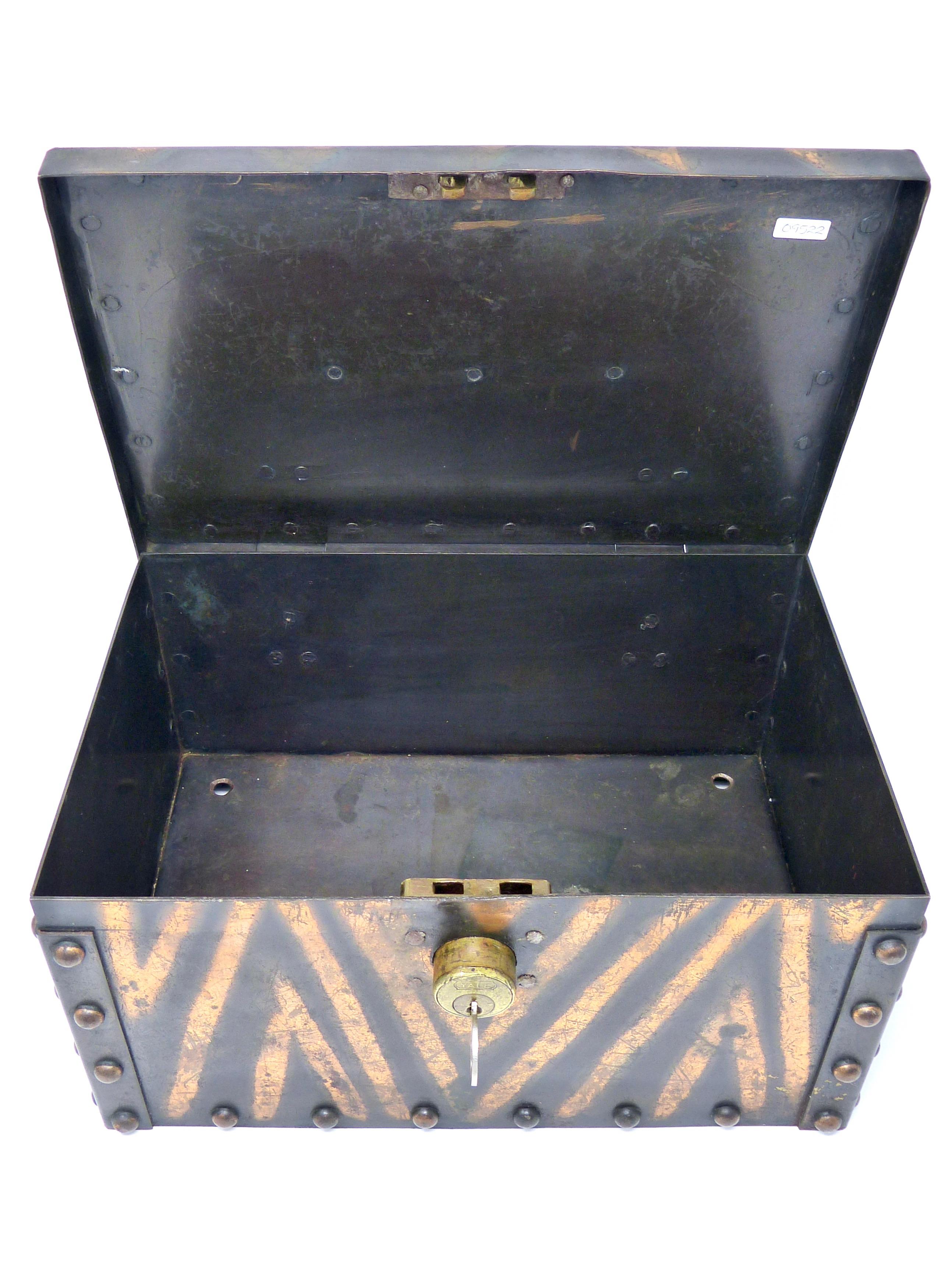 20th Century Vintage Antique Japanned Finish Copper Lock Box Personal Safe With Key For Sale