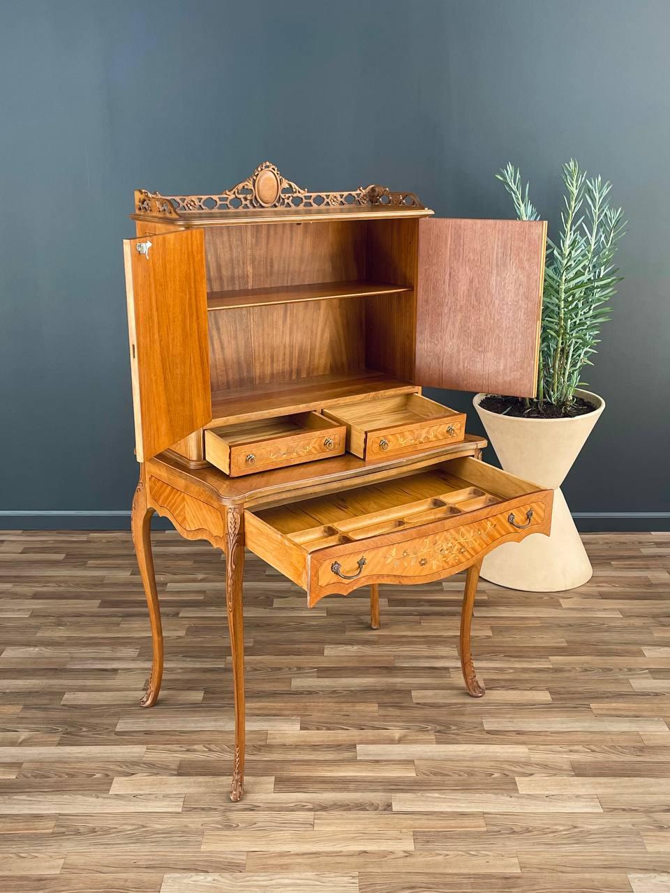 American Vintage Antique Louis XV-Style Inlaid Wood Secretary Desk