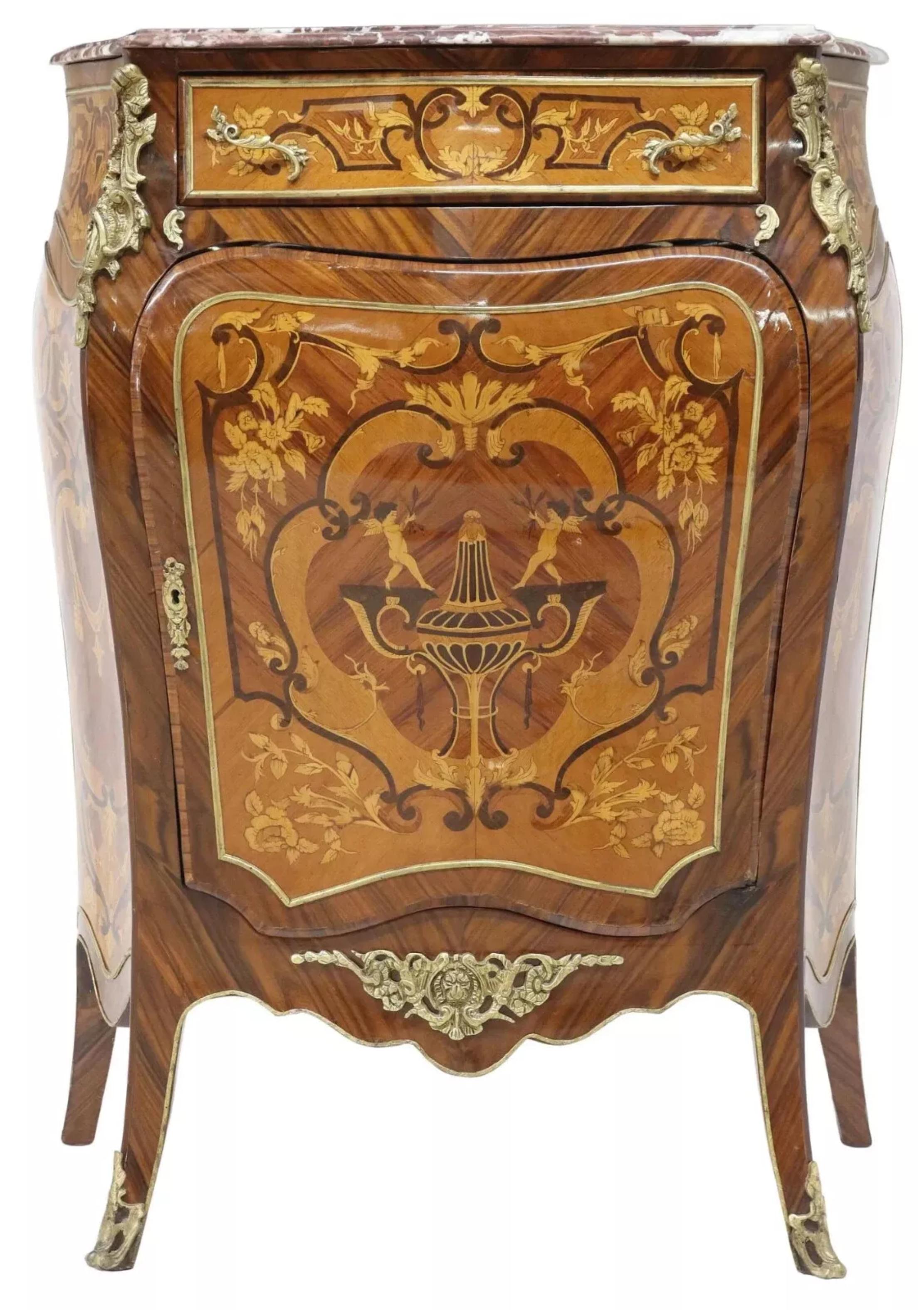 Magnifique Vintage / Antique Louis XV Style, Marble-Top, Marquetry, Rosewood Bombe Cabinet !

Magnifique Cabinet, Bombe, Style Louis XV, Dessus Marbre, Marqueterie, Palissandre, Vintage / Antique, 1900's 20th Century ! Cette exquise armoire ancienne