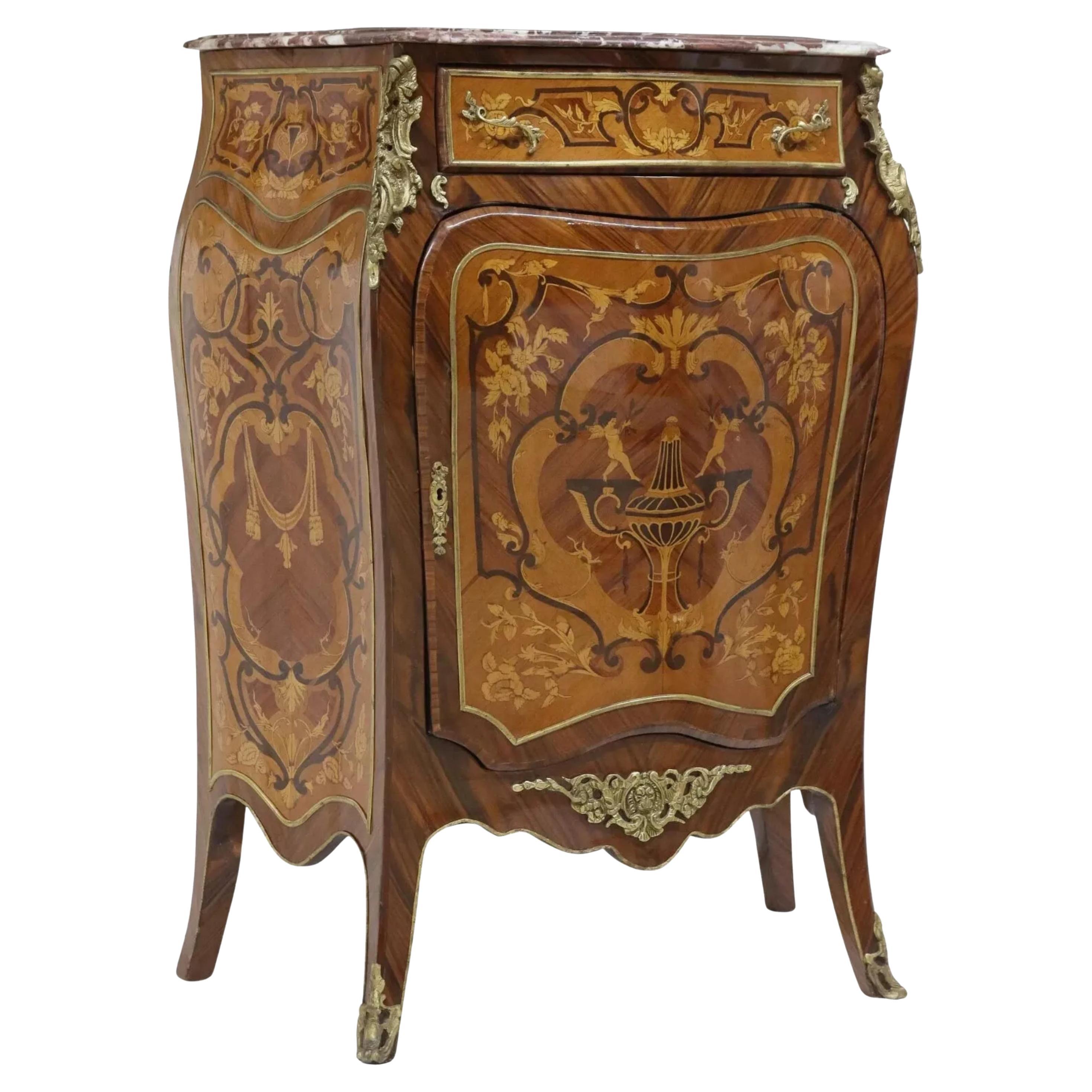 Vintage / Antique Louis XV Style, Marble-Top, Marquetry, Rosewood Bombe Cabinet!