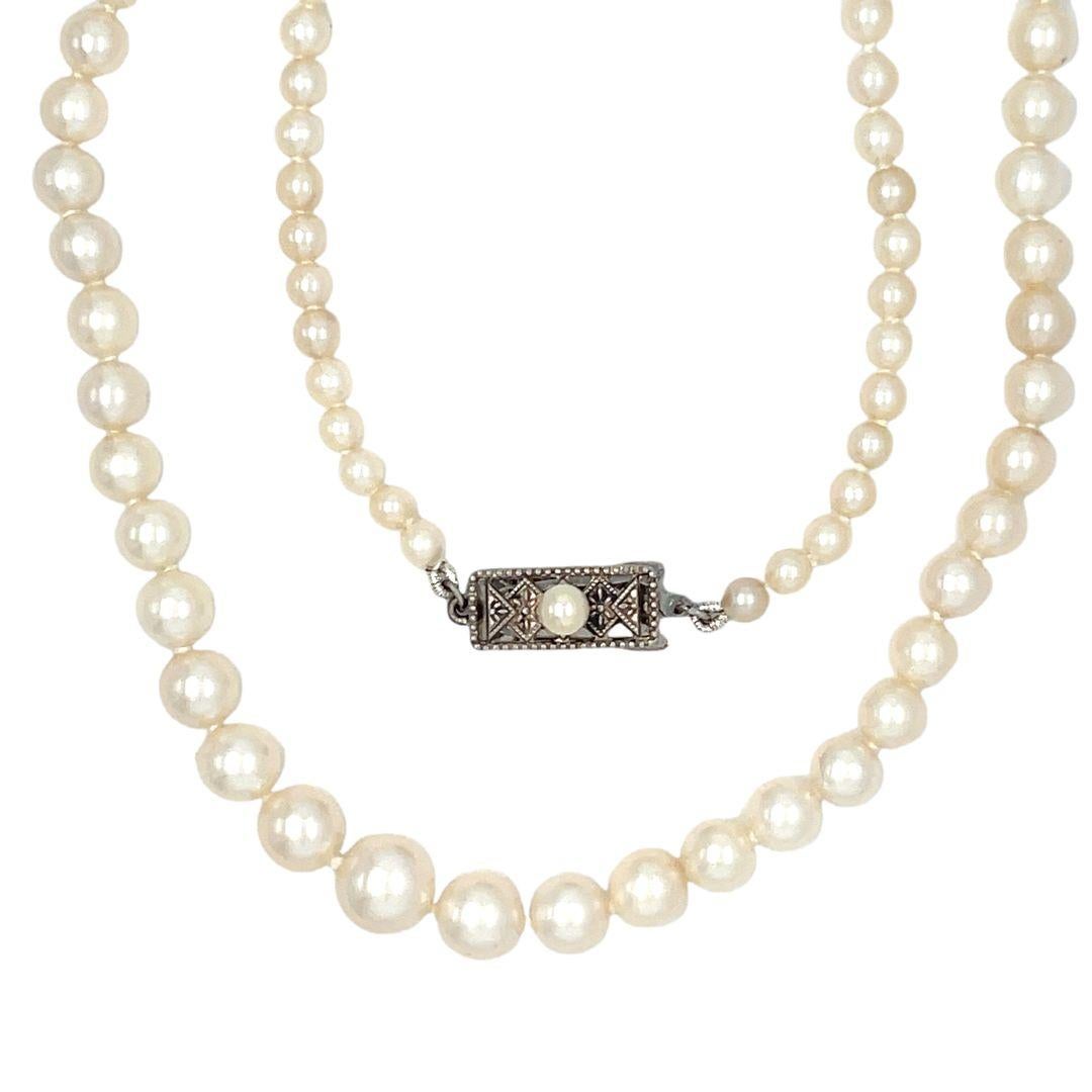 Round Cut Vintage Antique Mikimoto Pearl Graduated Necklace with Original Box For Sale