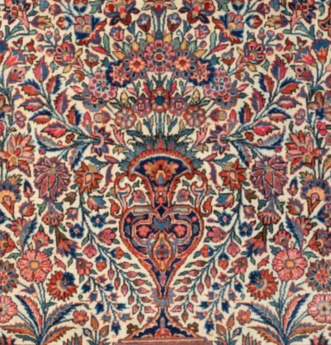 Hand-Woven Vintage Antique Persian Red Ivory White Blue Floral Kashan Small Area Rug For Sale