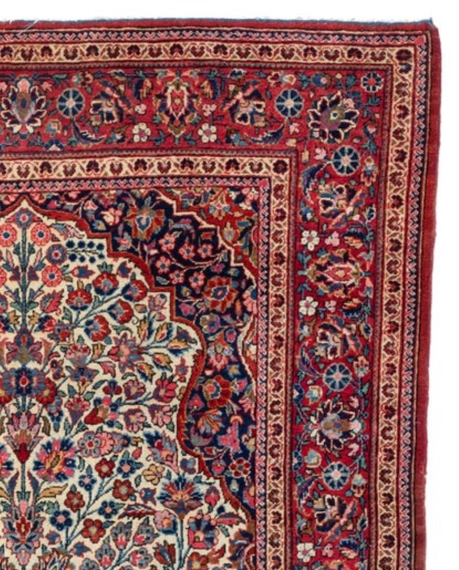 Vintage Antique Persian Red Ivory White Blue Floral Kashan Small Area Rug In Good Condition For Sale In New York, NY