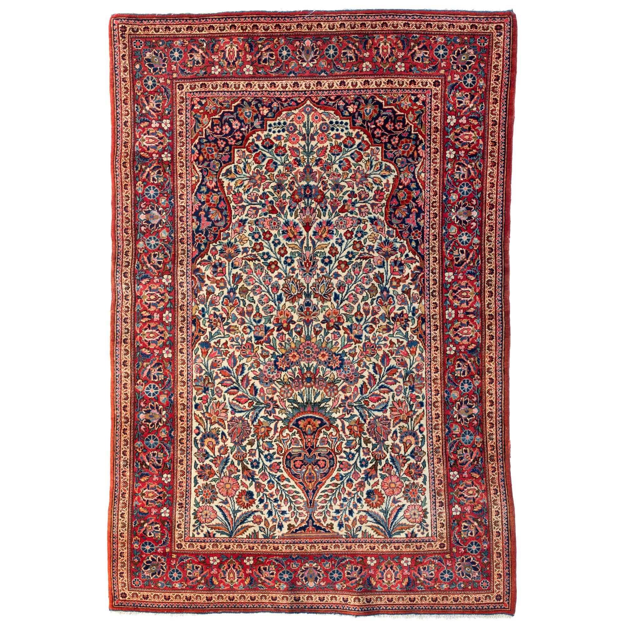 Alfombra Persa Antigua Vintage Pequeña Dabir Kashan Rojo Marfil en venta