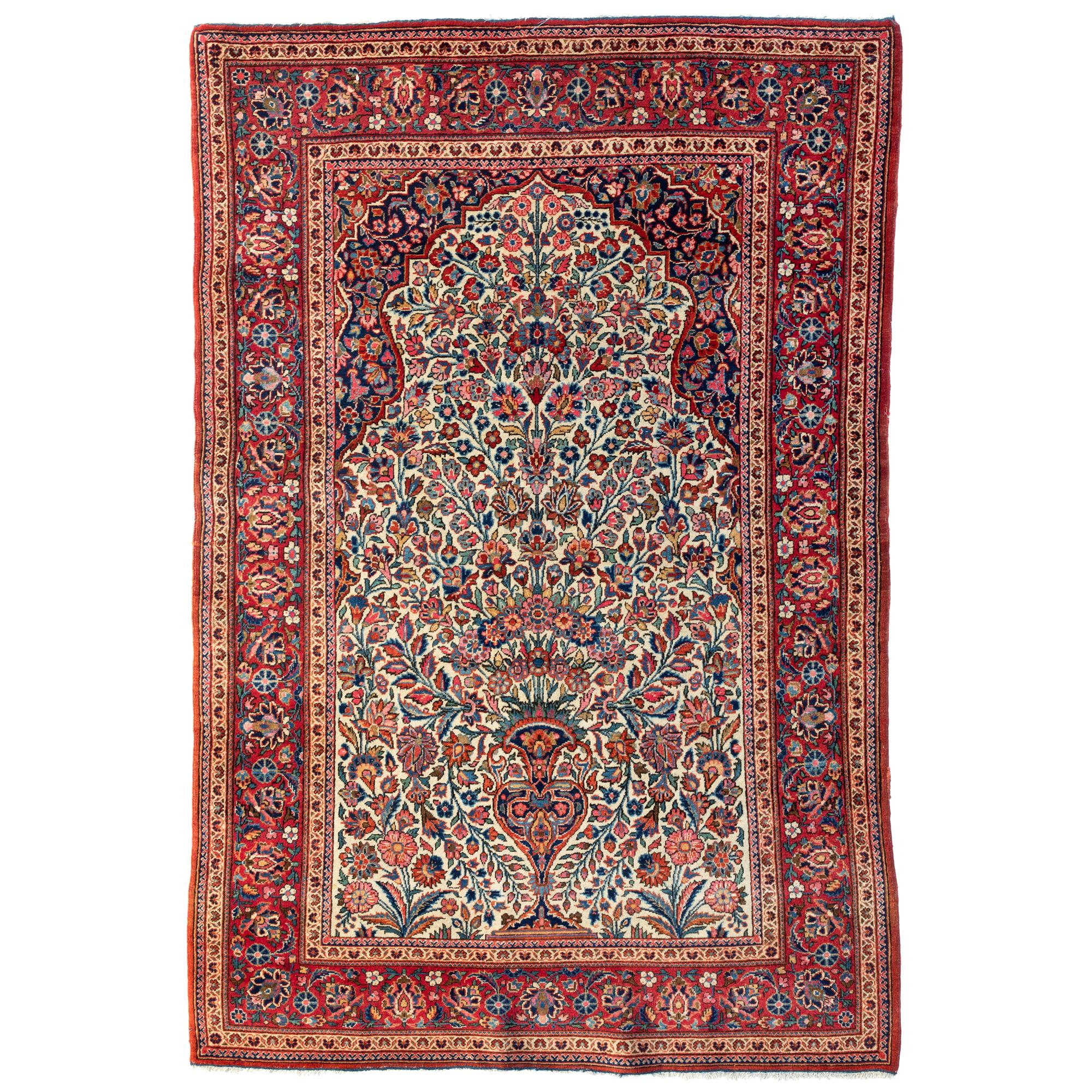 Tapis persan ancien vintage rouge ivoire blanc bleu à fleurs Kashan de petite taille