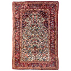 Tapis persan ancien vintage rouge ivoire blanc bleu à fleurs Kashan de petite taille