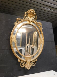 Vintage Antique Richly Carved Oval Mirror, 19th Century, Italy