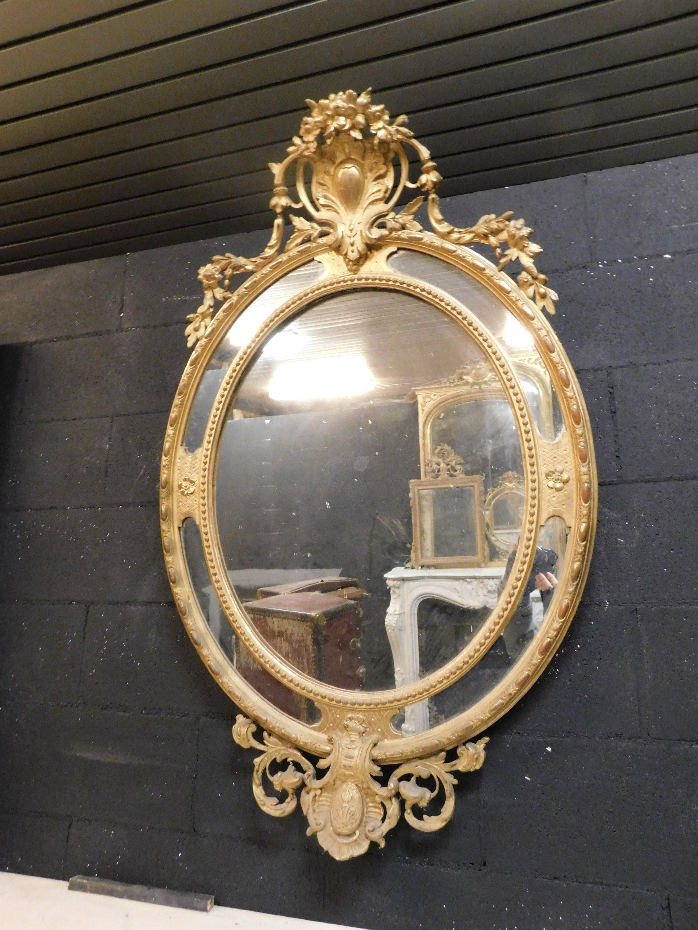Italian Vintage Antique Richly Carved Oval Mirror, 19th Century, Italy