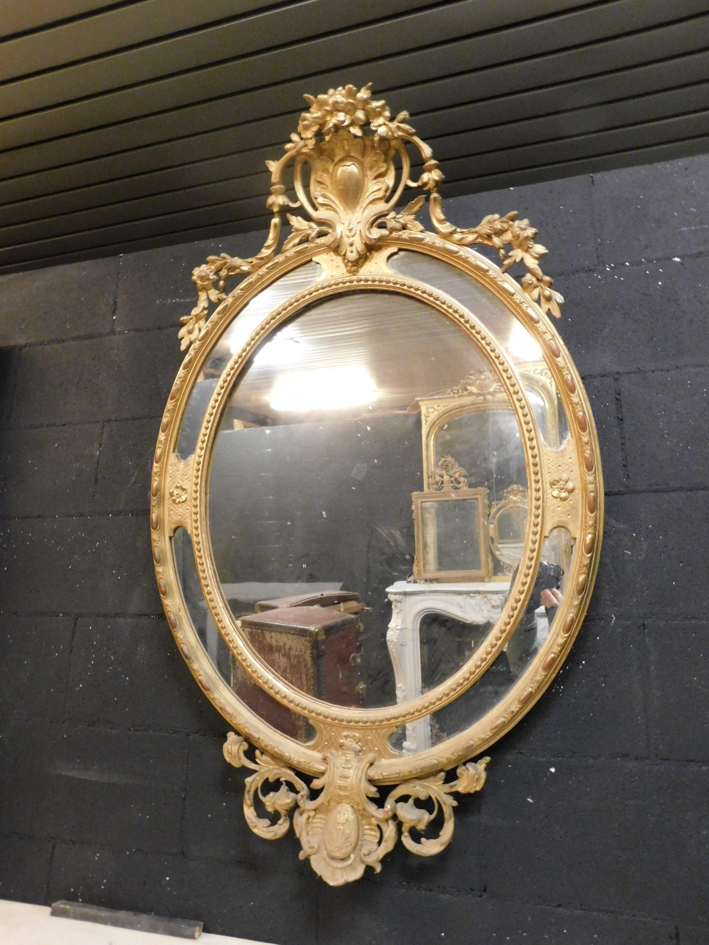 Gilt Vintage Antique Richly Carved Oval Mirror, 19th Century, Italy