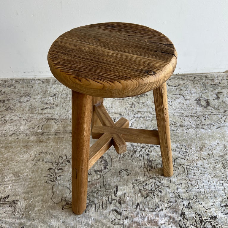 Vintage Antique Round Elmwood Stool For Sale at 1stDibs