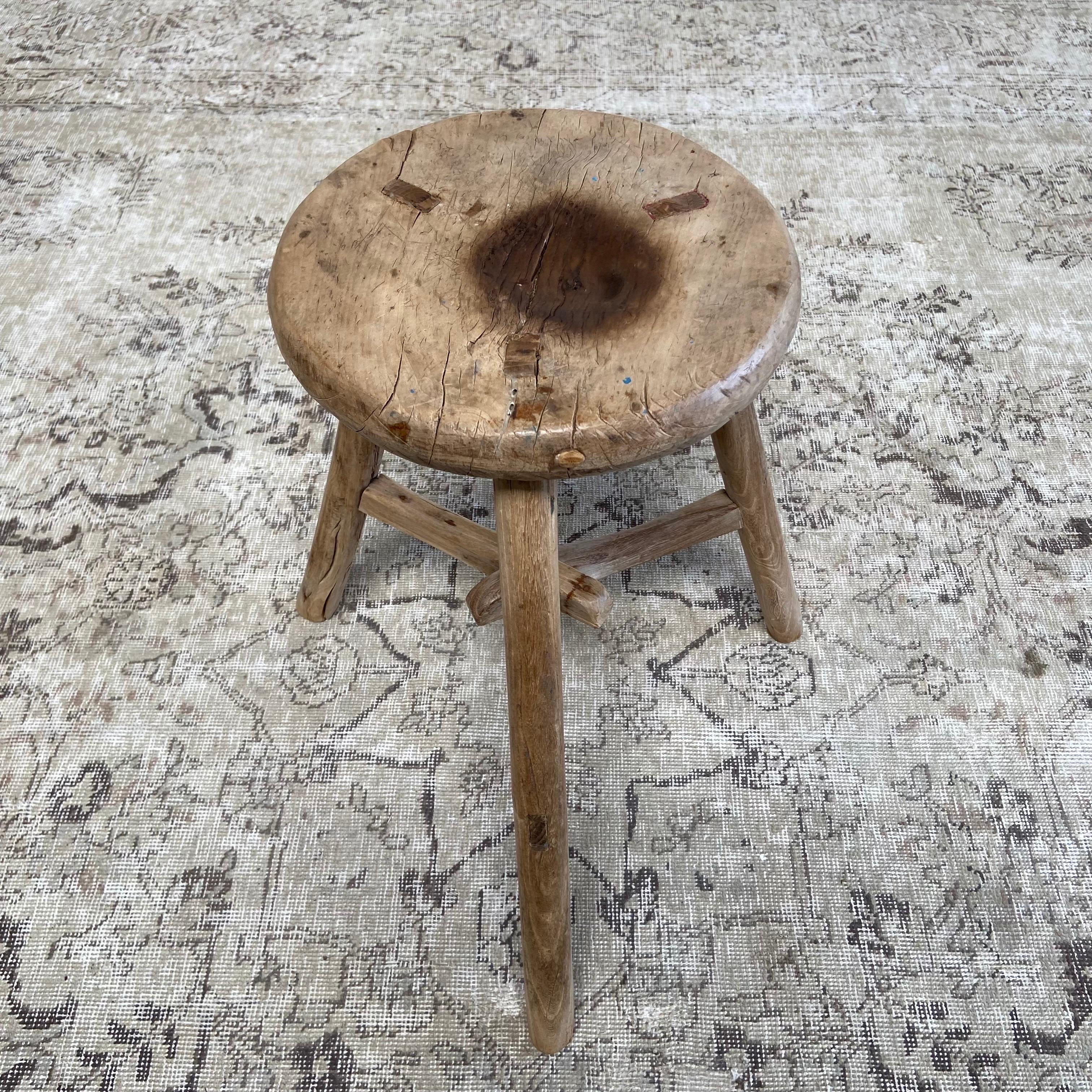 These are the real vintage antique elm wood stools! Beautiful antique patina, with weathering and age, these are solid and sturdy ready for daily use, use as a table, stool, drink table, they are great for any space.

Elm stool 19”w x 17”d x