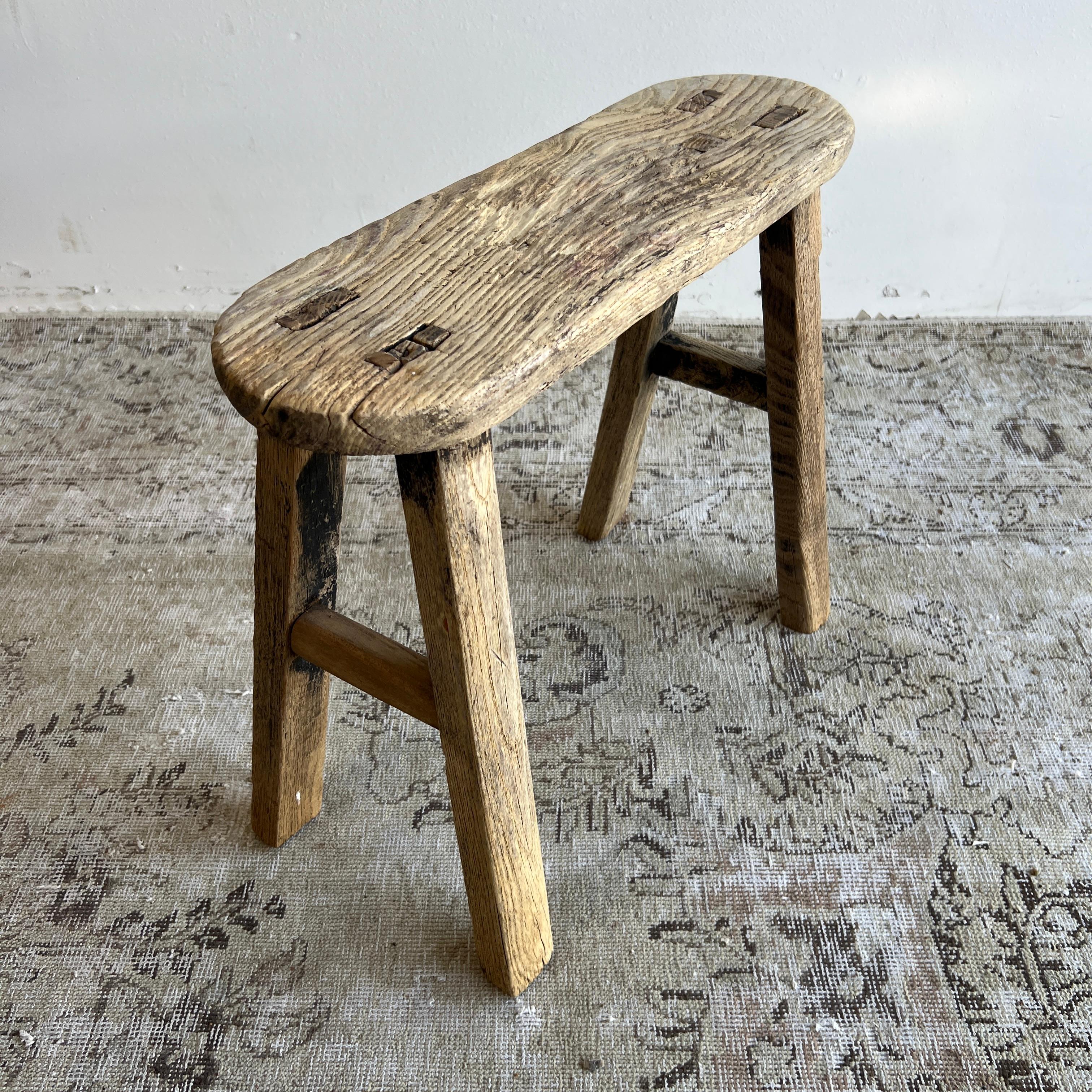 Vintage Antique Rounded Edge Elm Wood Stool  In Good Condition For Sale In Brea, CA