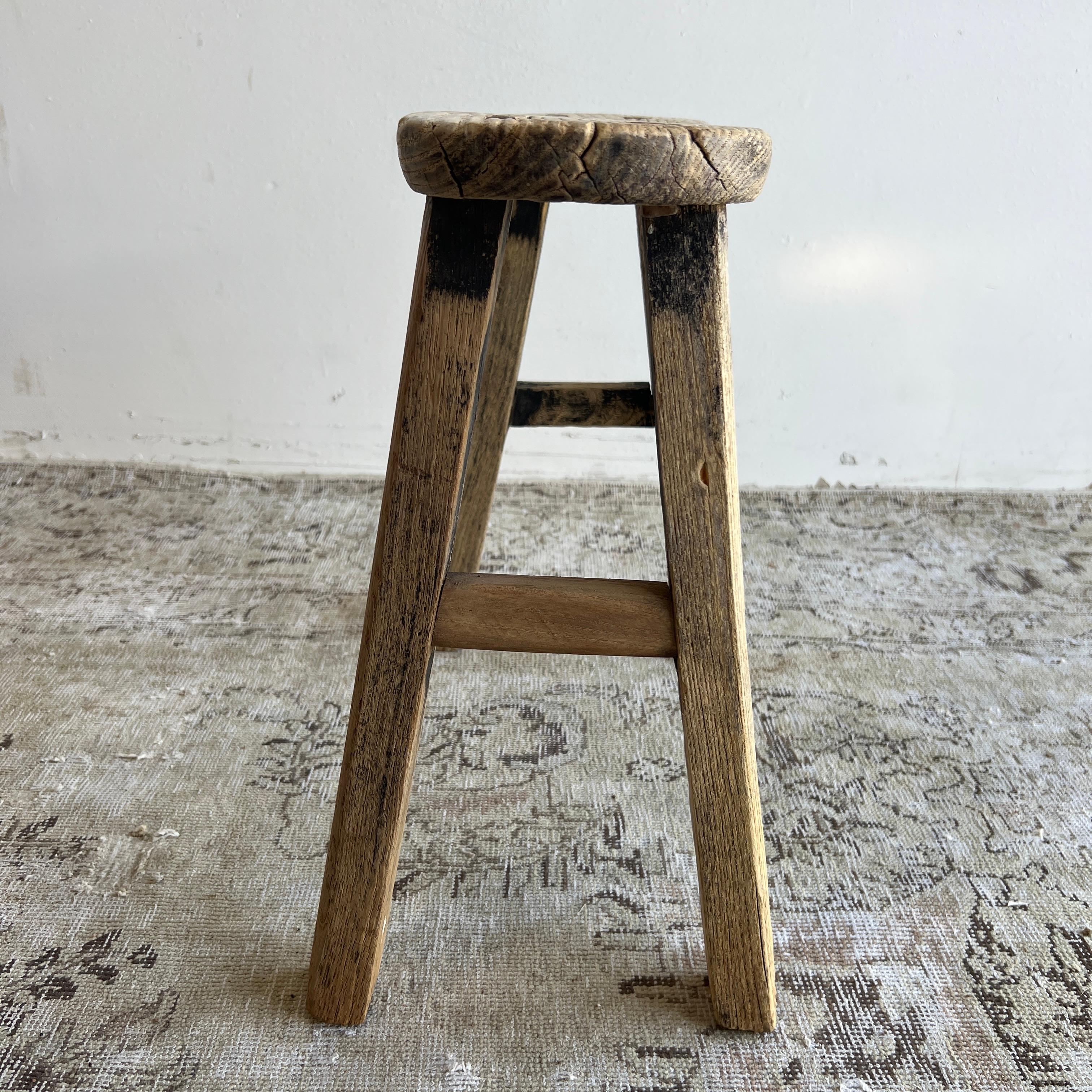 20th Century Vintage Antique Rounded Edge Elm Wood Stool  For Sale