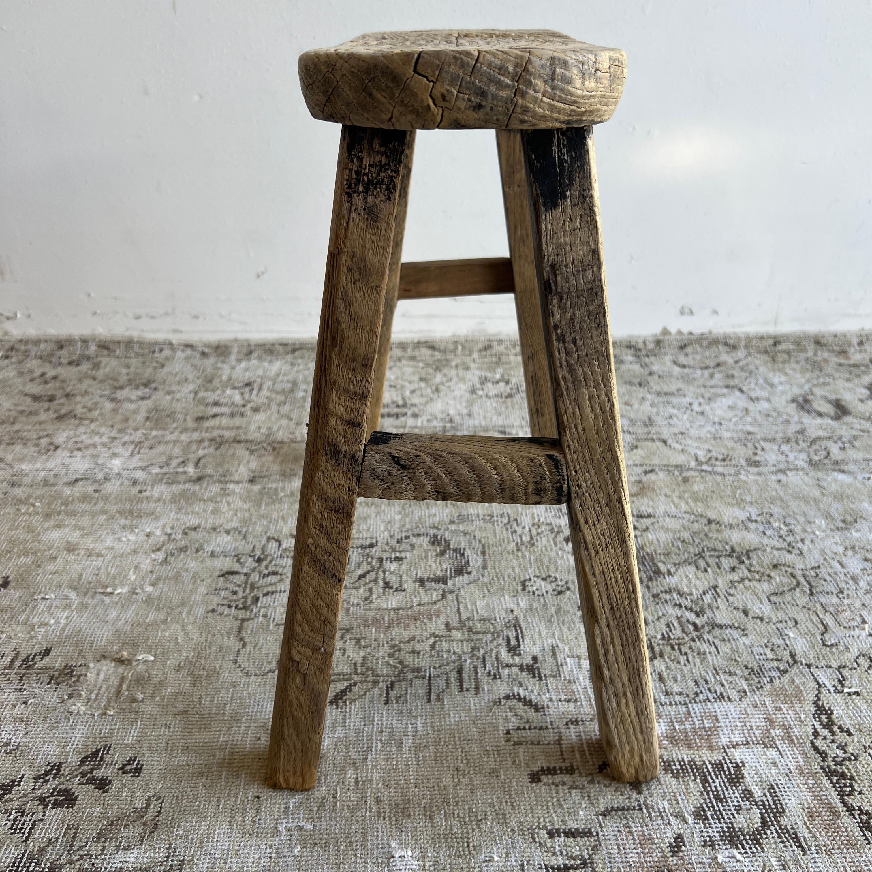 Vintage Antique Rounded Edge Elm Wood Stool  For Sale 2