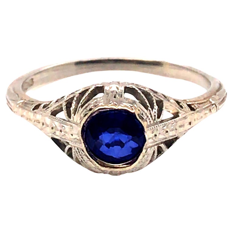 Vintage Antique Sapphire Engagement Ring .50ct 18K White Gold Art Deco For Sale at 1stDibs