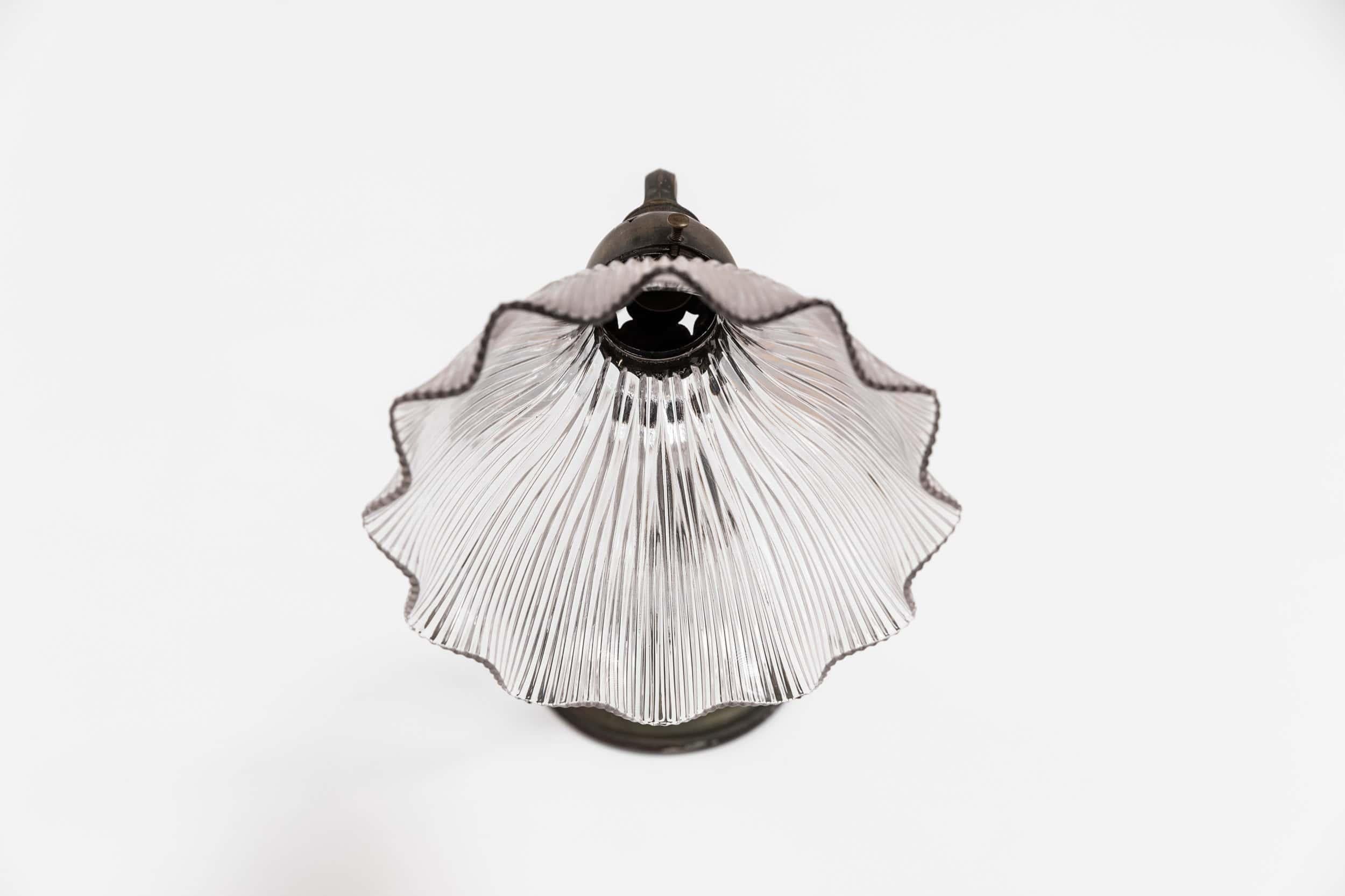 Mid-20th Century Vintage Antique Silver Plated Brass Holophane Glass Wall Sconce Light c.1930 For Sale