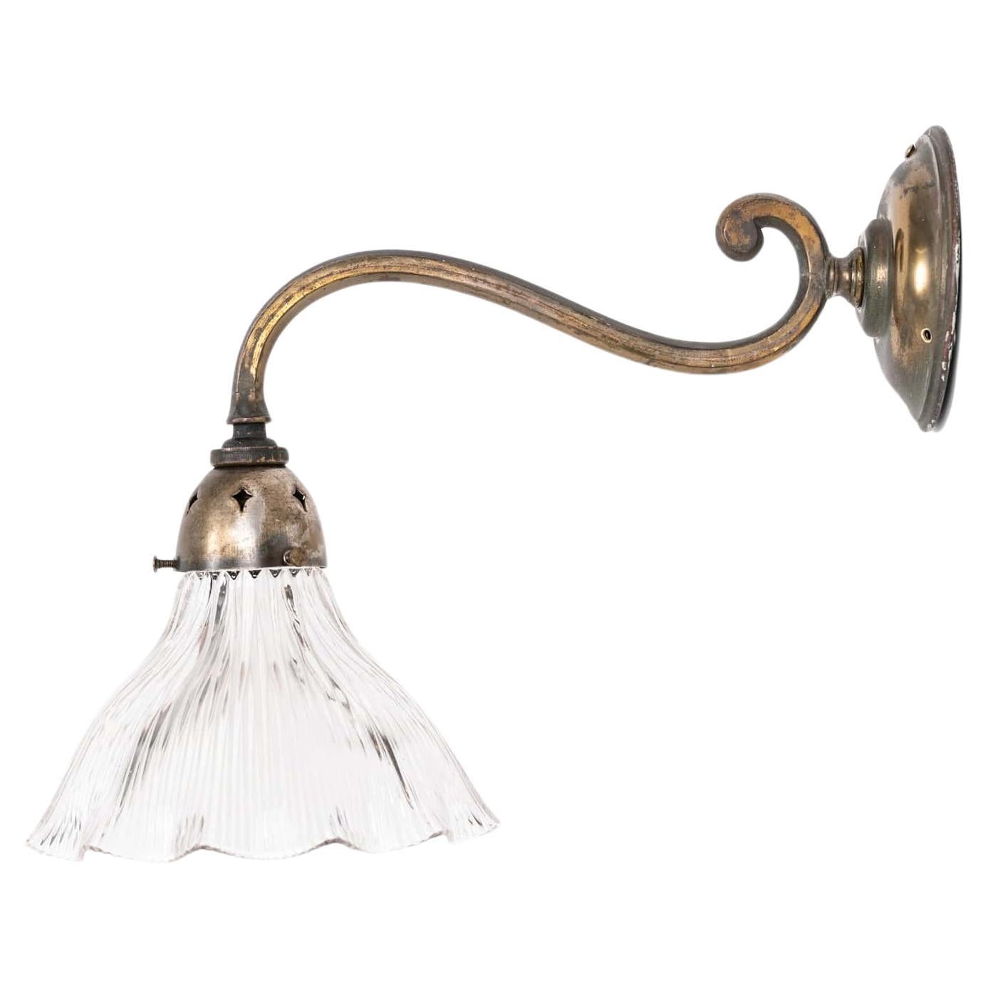 Vintage Antique Silver Plated Brass Holophane Glass Wall Sconce Light c.1930 For Sale